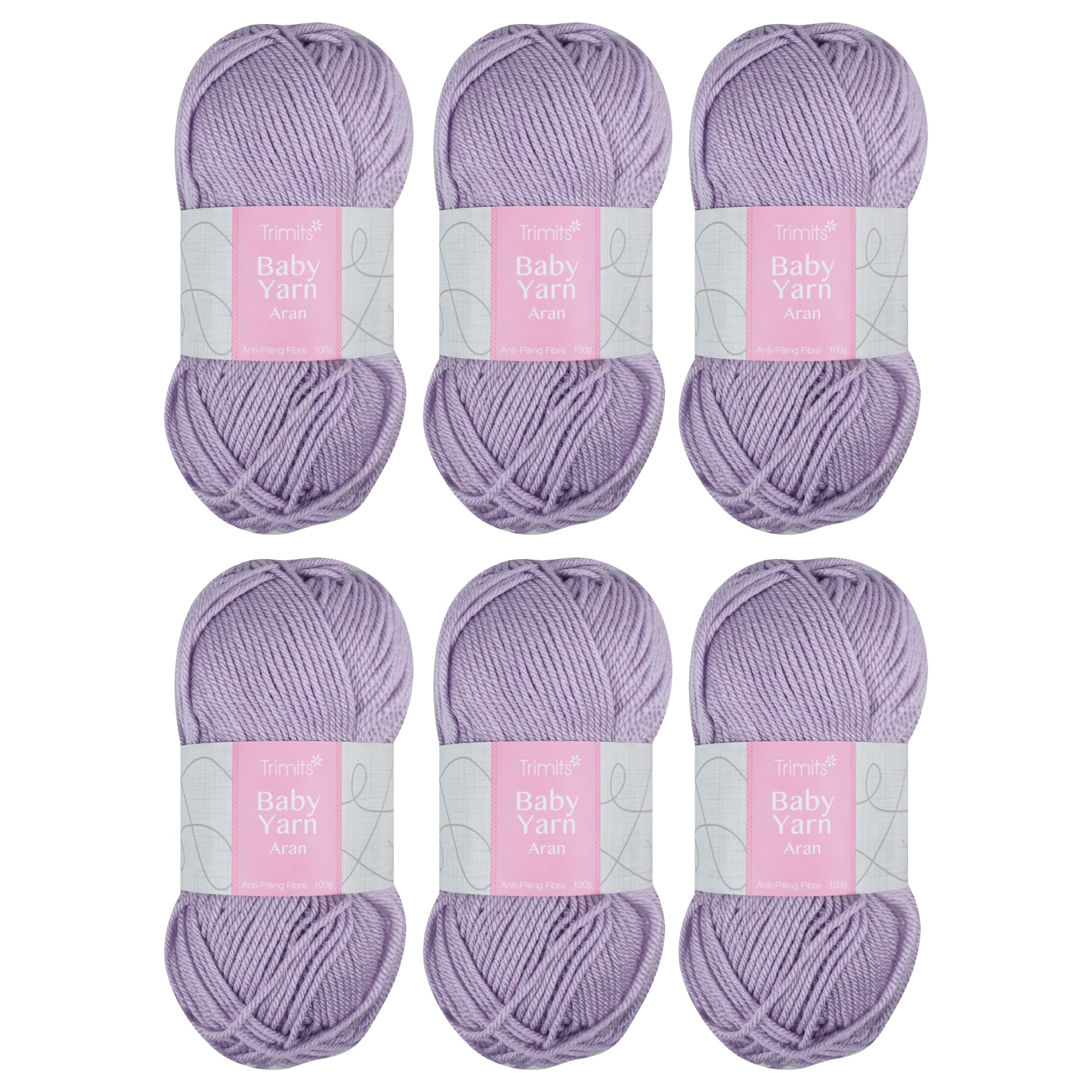 Trimits Baby Aran Acrylic Yarn Wool for Knitting and Crochet - 6 x 100g (165 metres) - Soft Touch Easy Care Anti-Pilling Machine Washable Yarn, Oeko-TEX Certified Fibre, Lilac