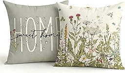 2er Set Wasserdichter Outdoor Kissenbezug 45x45 Grau, Grünpflanzen Design Gartenkissen, Sommer Modern Dekokissen, Doppelseitig & Muster, Leinen-Polyester für Balkon Garten Sofa Couch Wohnzimmer