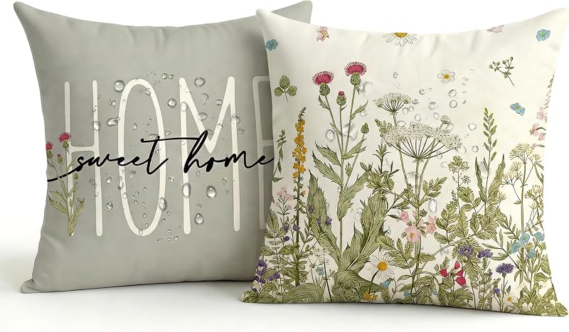 2er Set Wasserdichter Outdoor Kissenbezug 45x45 Grau, Grünpflanzen Design Gartenkissen, Sommer Modern Dekokissen, Doppelseitig & Muster, Leinen-Polyester für Balkon Garten Sofa Couch Wohnzimmer