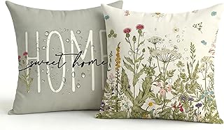 2er Set Wasserdichter Outdoor Kissenbezug 45x45 Grau, Grünpflanzen Design Gartenkissen, Sommer Modern Dekokissen, Doppelseitig & Muster, Leinen-Polyester für Balkon Garten Sofa Couch Wohnzimmer