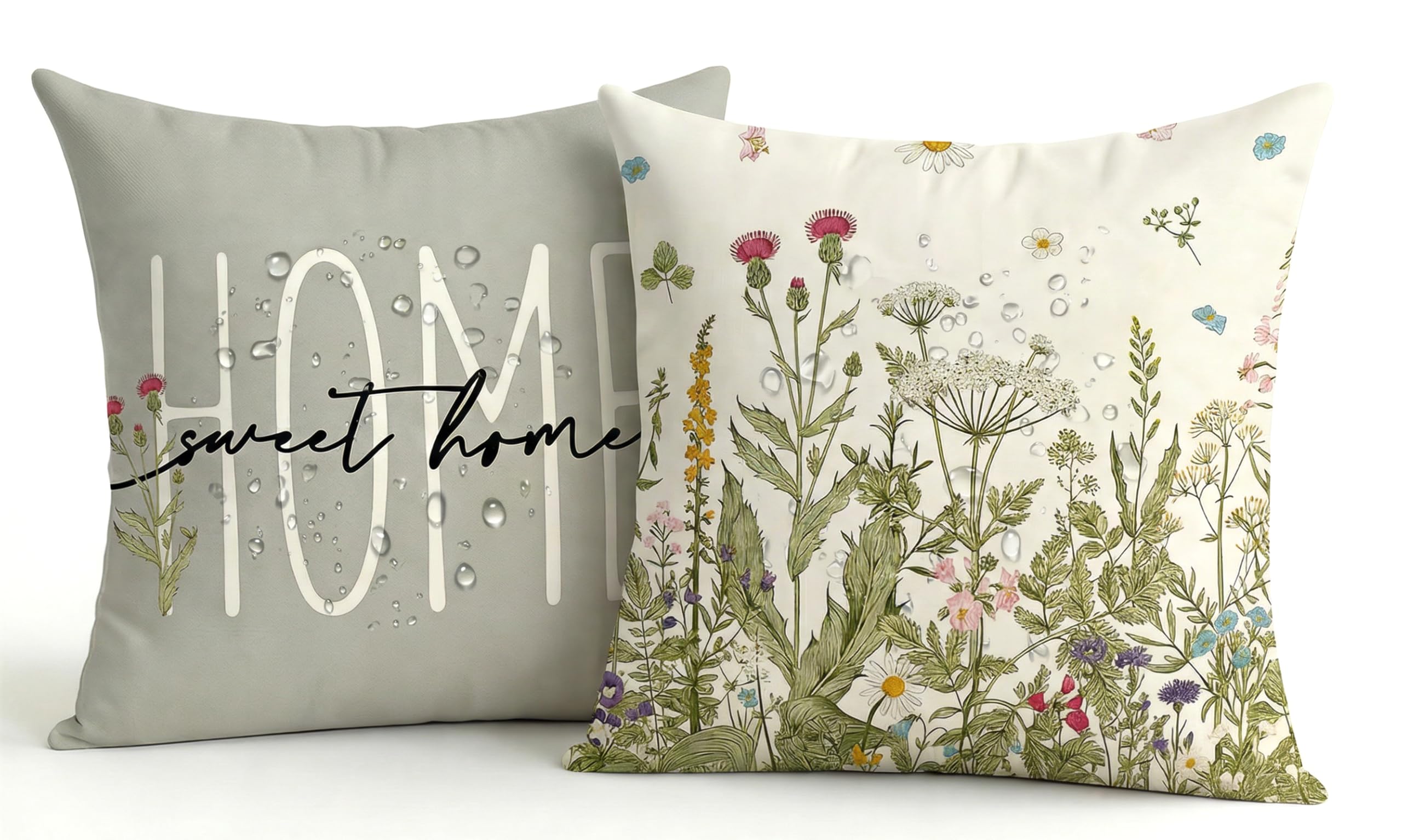 2er Set Wasserdichter Outdoor Kissenbezug 45x45 Grau, Grünpflanzen Design Gartenkissen, Sommer Modern Dekokissen, Doppelseitig & Muster, Leinen-Polyester für Balkon Garten Sofa Couch Wohnzimmer