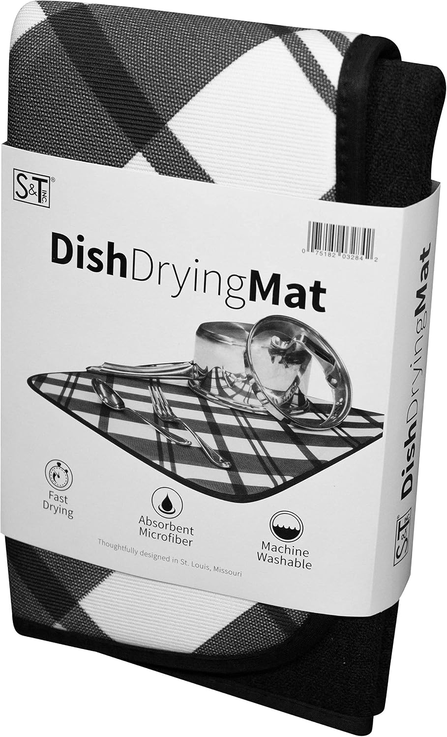 S&T INC. Absorbent, Reversible Microfiber Dish Drying Mat for Kitchen, 16 Inch x 18 Inch, Black Gingham