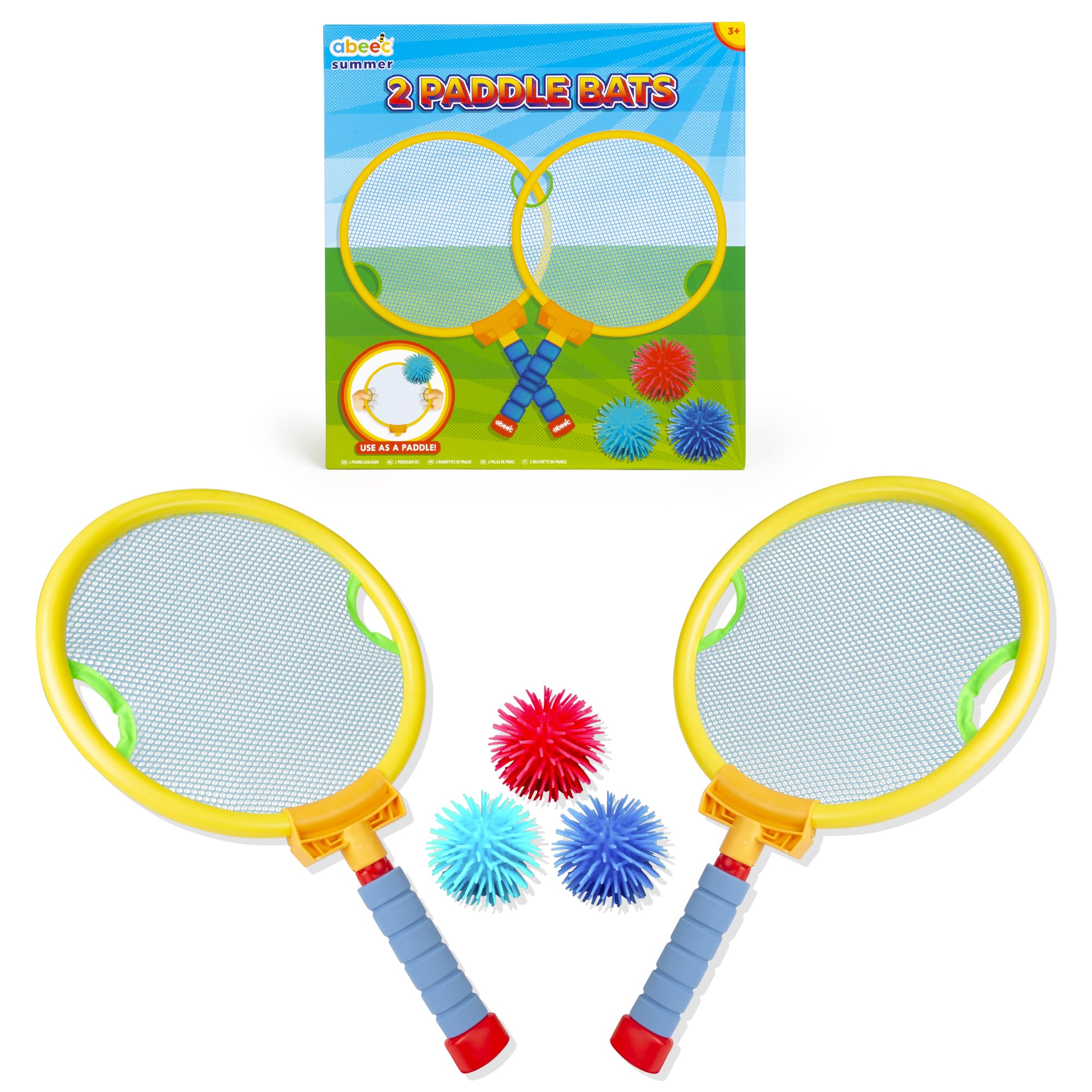 abeec 2-in-1 Paddle Bat and Beach Racket Set for Kids | Summer Garden Game | Includes 2 Bats, 3 Soft Balls & Handles | Lightweight Holiday Toy for Indoor & Outdoor Play