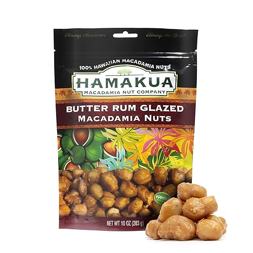 Nueces de macadamia Hamakua - Ron de mantequilla glaseada dulce - Macadamias medianas tostadas secas y enteras cultivadas hawaianas - Nueces de