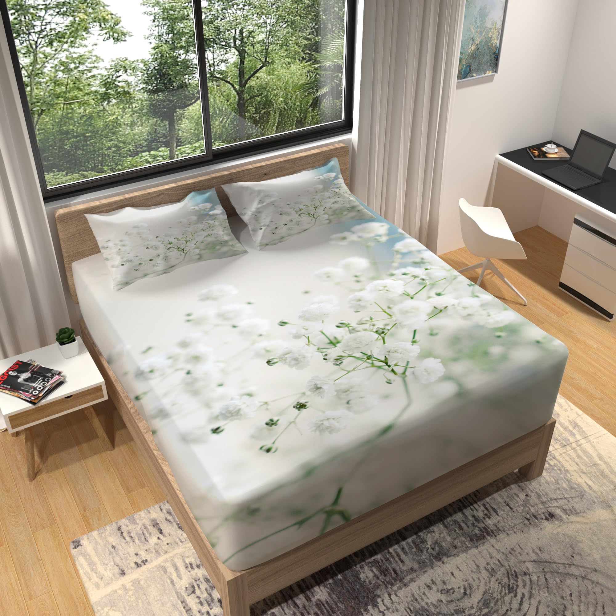 Spannbettlaken 200X200 Weiße Blumen Matratzenschoner Bis 30Cm, Premium Mikrofaser Weiches Spannbetttuch,Bed Sheets,Bettlaken Spannbettuch Atmungsaktiv Und Komfortabel