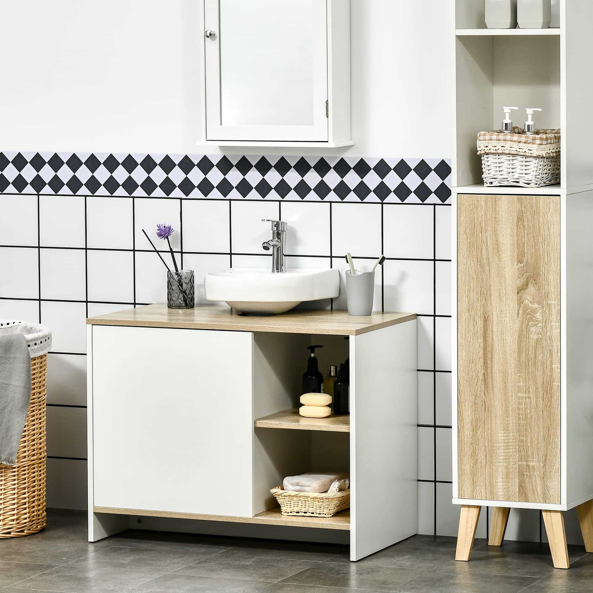 kleankin Mobile Bagno Sottolavabo 77 x 45 x 60cm Bianco e Color Legno | con Armadietto, 2 Mensole, in Legno Truciolare