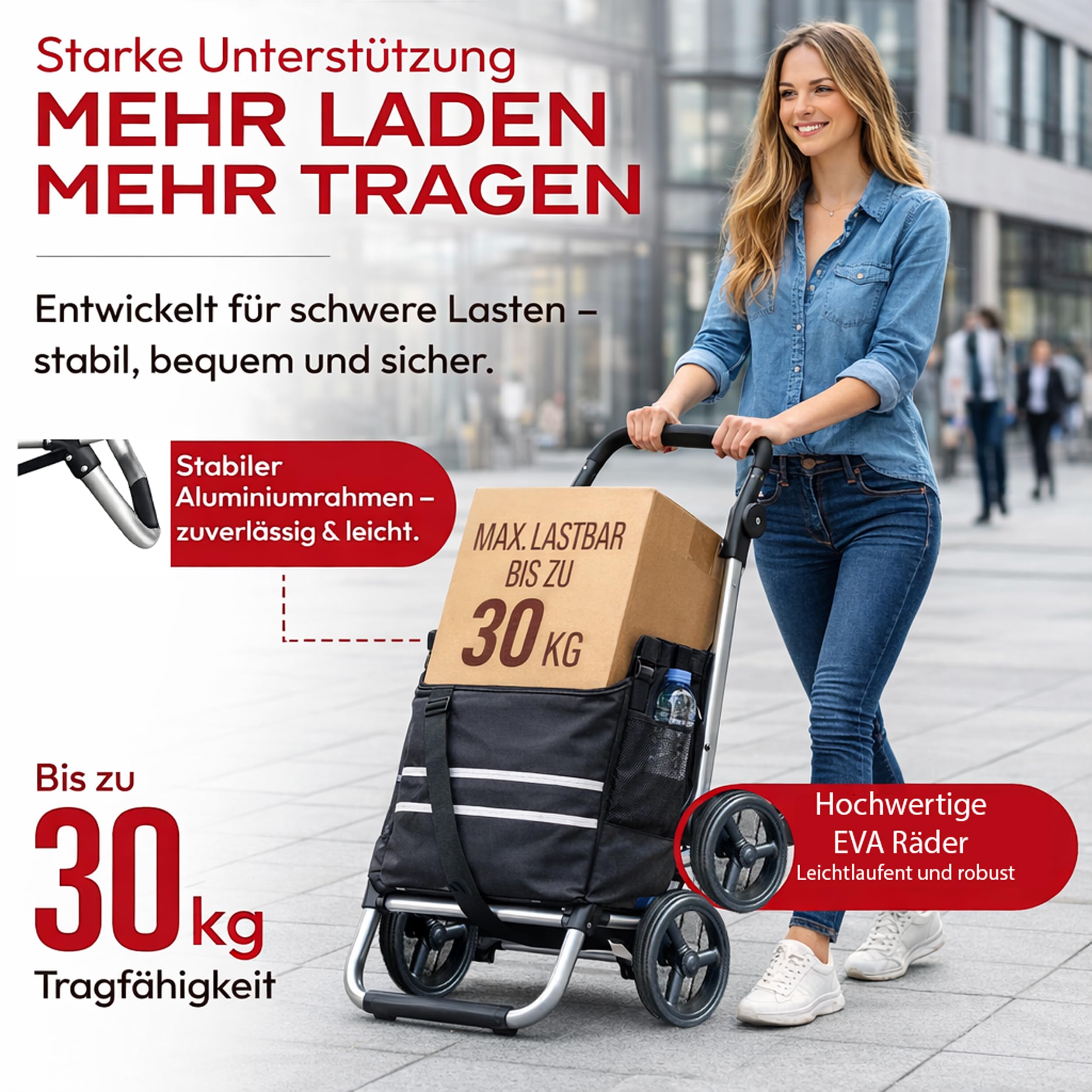 Trolley pieghevole in alluminio per la spesa, 57 l (48 l + scomparto frigo 9 l), nero, portata 30 kg, 35 x 45 x 98 cm, ruote Eva scorrevoli Ø 20,5 cm, pieghevole, utilizzabile come carrello e borsa a