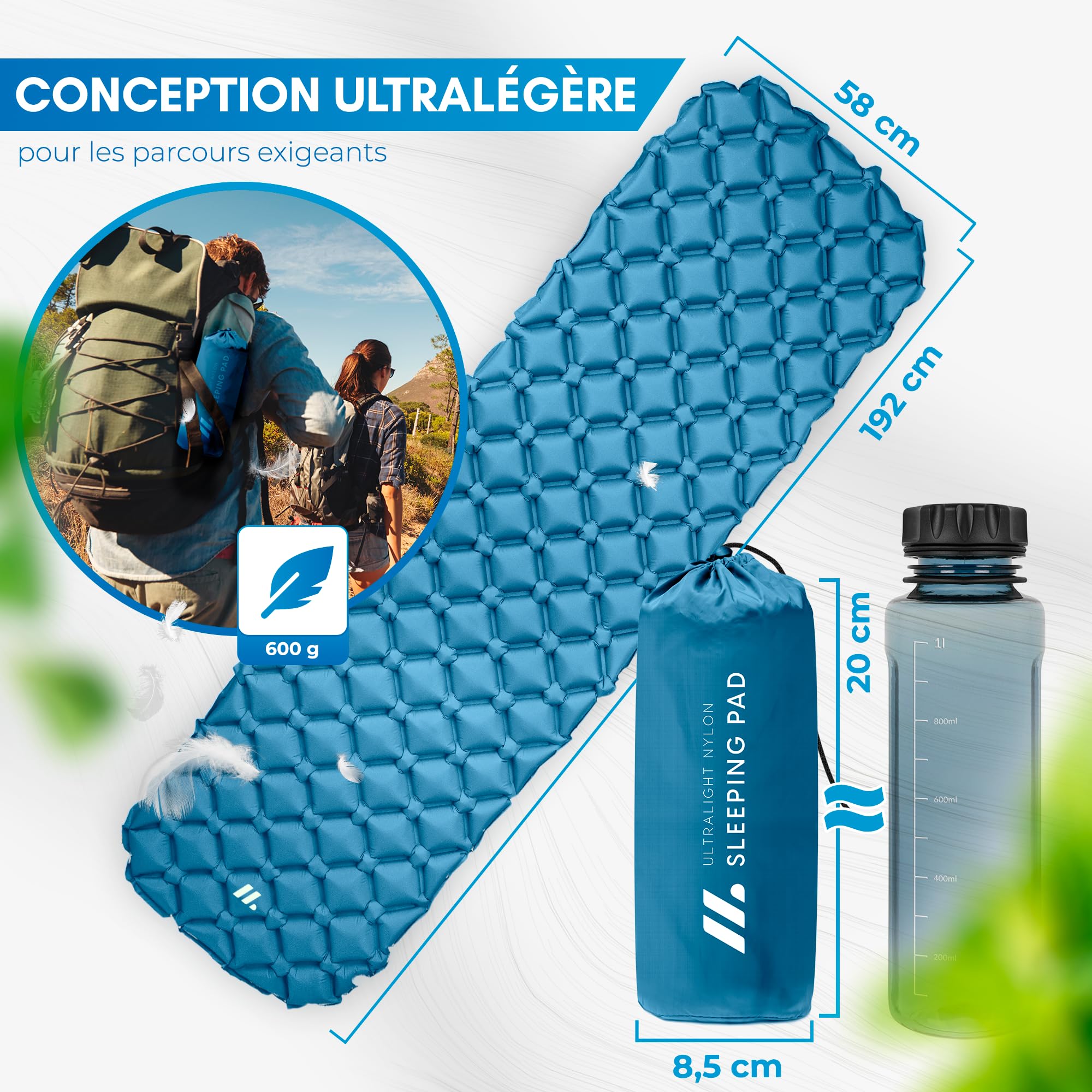 NORDMUT® Tapis de Couchage Ultraléger [avec Kit de Réparation] – Matelas de Camping Gonflable, Petit Format – Tapis Outdoor Imperméable pour Tente & Festivals (Bleu)