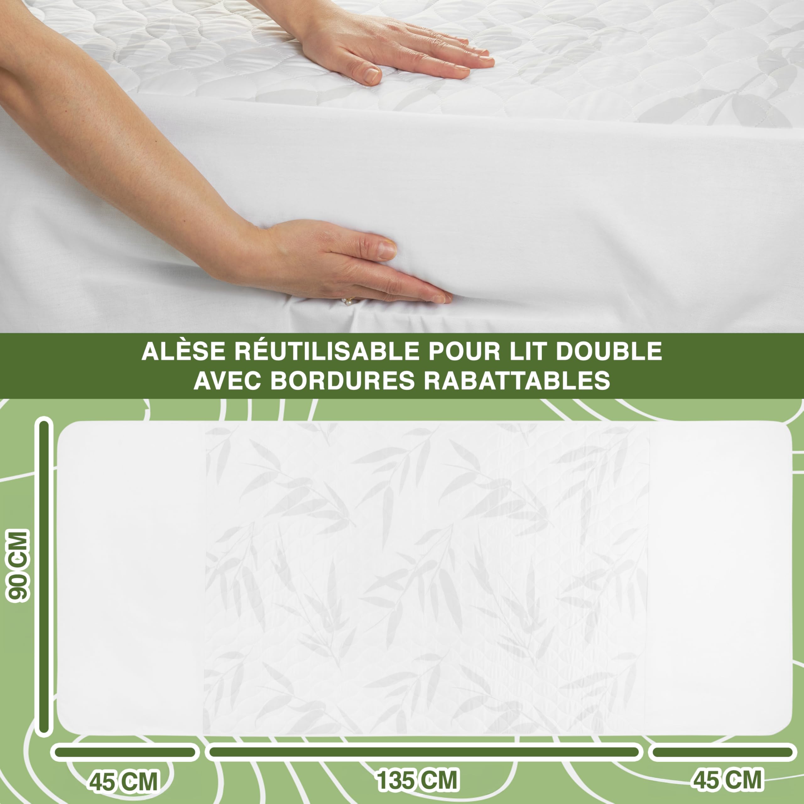 Get Trend Bambou Incontinence Drap de Lit 135 x 90 cm, Double Imperméable Protege Matelas avec Ailes Latérales, Matelassé Housse Protection Matelas, Réutilisable Alese Lavable Adult Enfant (Double)