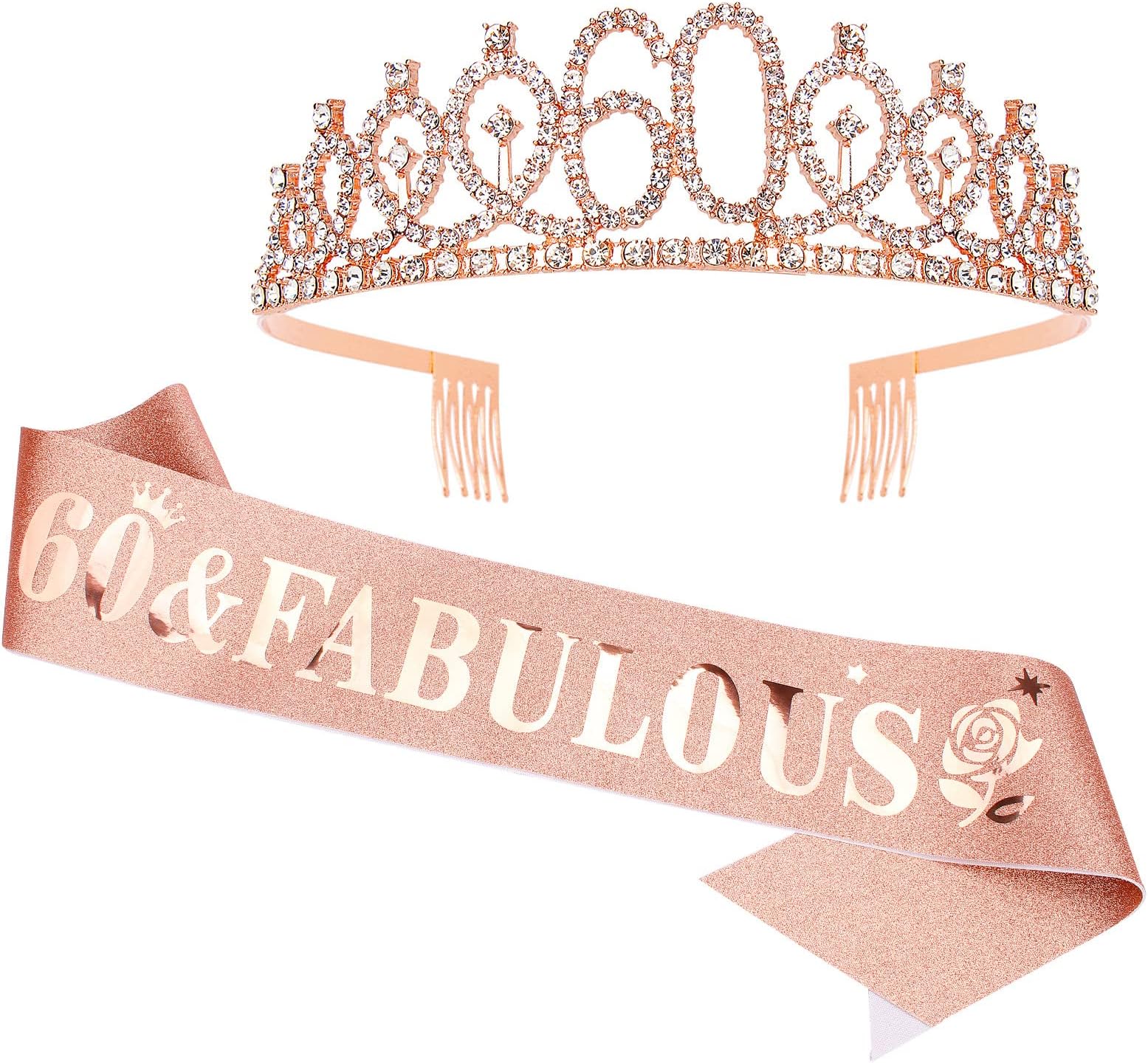 Casoty 60th Birthday Sash and Tiara for Women, 60th Birthday Decorations Women, Rose Gold 60th Crown and "60 & Fabulous" Sash Set, 60 Birthday Decorations for Women, 60th Birthday Gifts for Women