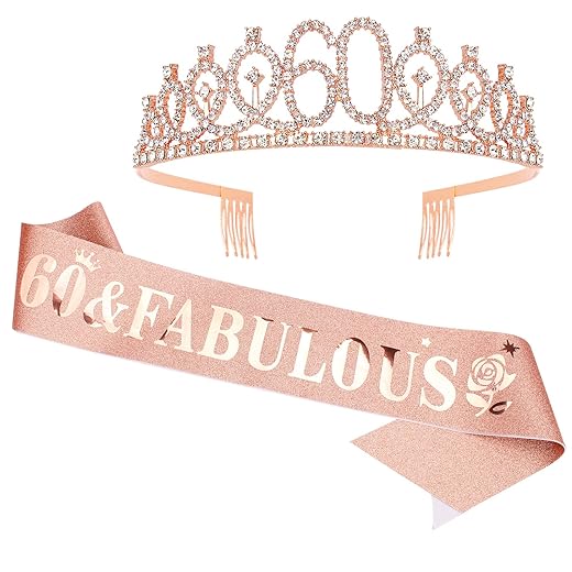 Casoty 60th Birthday Sash and Tiara for Women, 60th Birthday Decorations Women, Rose Gold 60th Crown and "60 & Fabulous" Sash Set, 60 Birthday Decorations for Women, 60th Birthday Gifts for Women