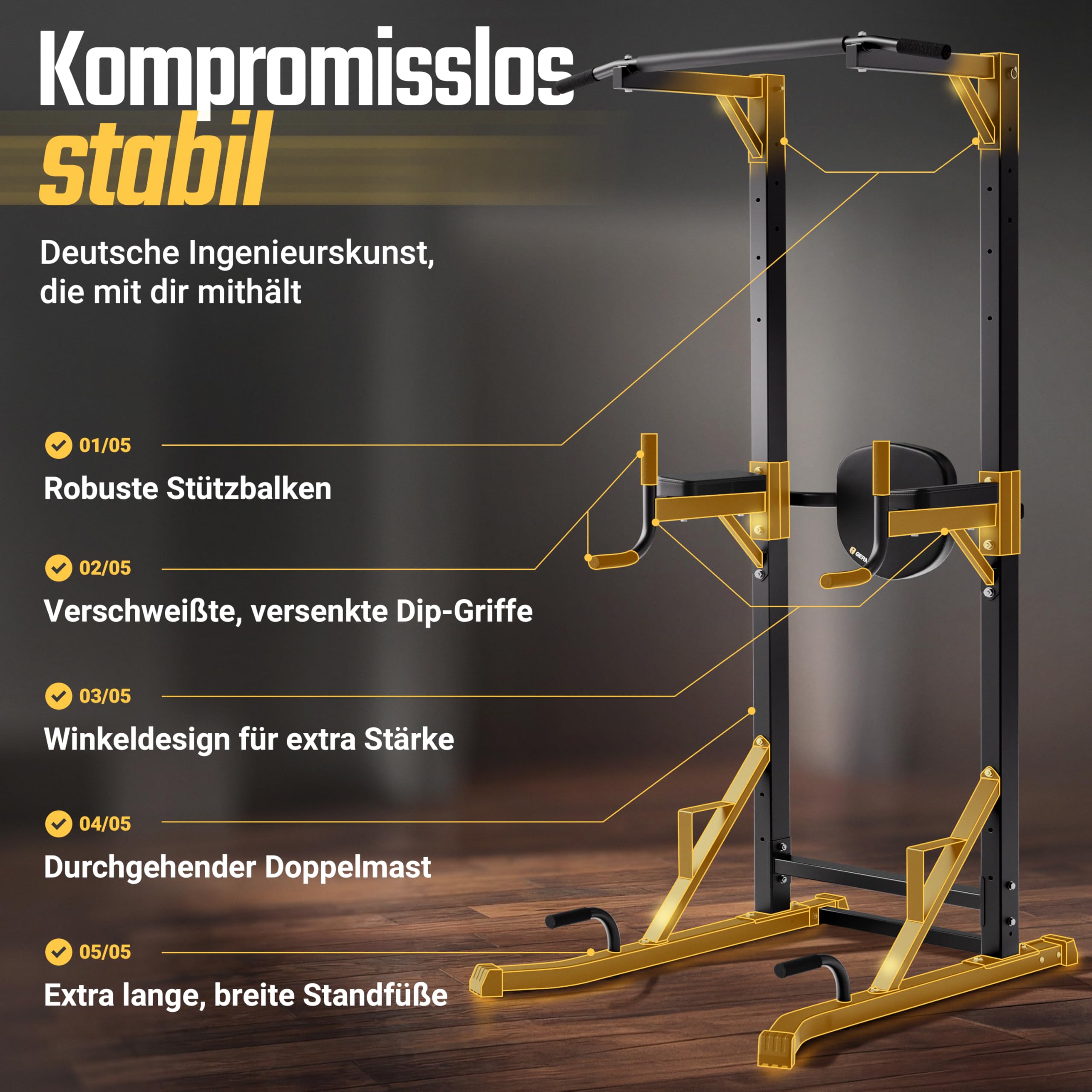HQ Germany® Power Tower [2026 Upgrade] - Klimmzugstange freistehend mit Klimmzug Dip Station, Klimmzugturm, Klimmzugstation, Pull Up Station, Calisthenics Equipment, Fitnessgeräte für Zuhause