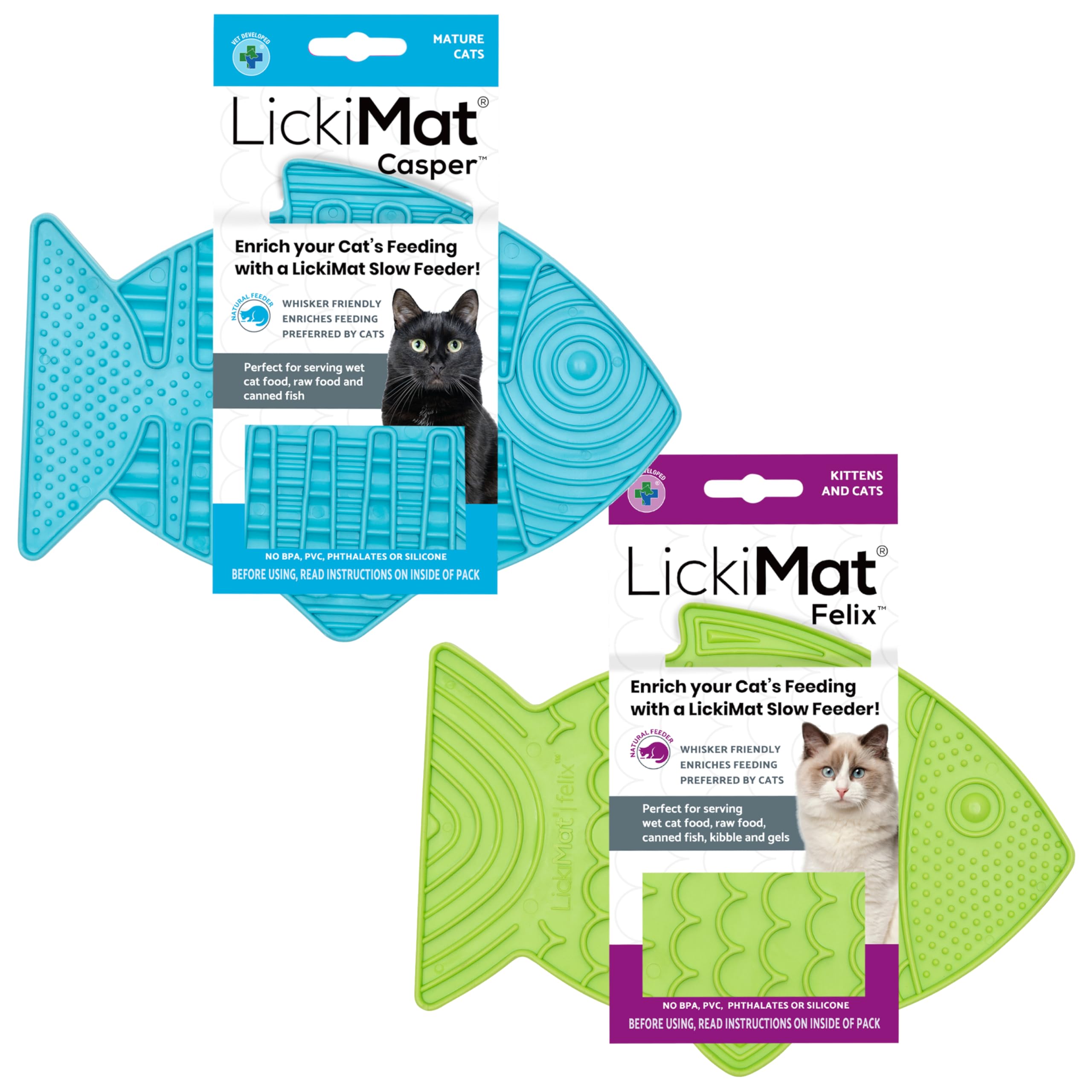 LICKIMATCasper & Felix, Fish-Shaped Cat Slow Feeders for Feline Boredom and Anxiety Reduction; Perfect for Food, Treats and Anxiety Reduction. (Green Turquoise)