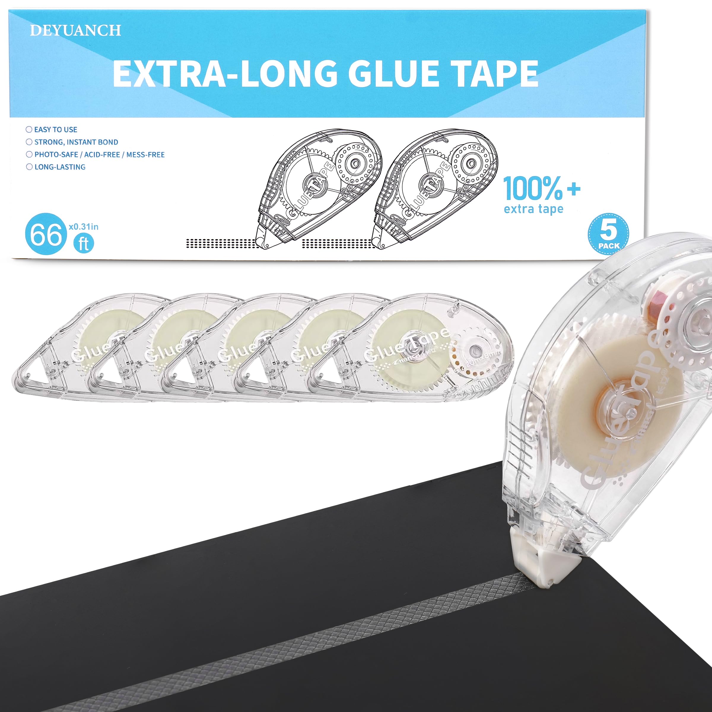 65.62 ft Extra-Long Glue Tape, 0.31 in Wide Scrapbook Tape, 5-Pack, Photo-Safe Acid-Free Double Sided Tape for Crafts, Scrapbook and Junk Journal Supplies (White) - 1