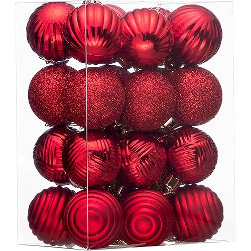 Valery Madelyn Christmas Patriotic Ornaments Set, 24ct Red Shatterproof Christmas Tree Decorations Ball Ornaments Bulk, 1.57 Inches Hanging Ornament for Xmas 4th of July Memorial Day Holiday
