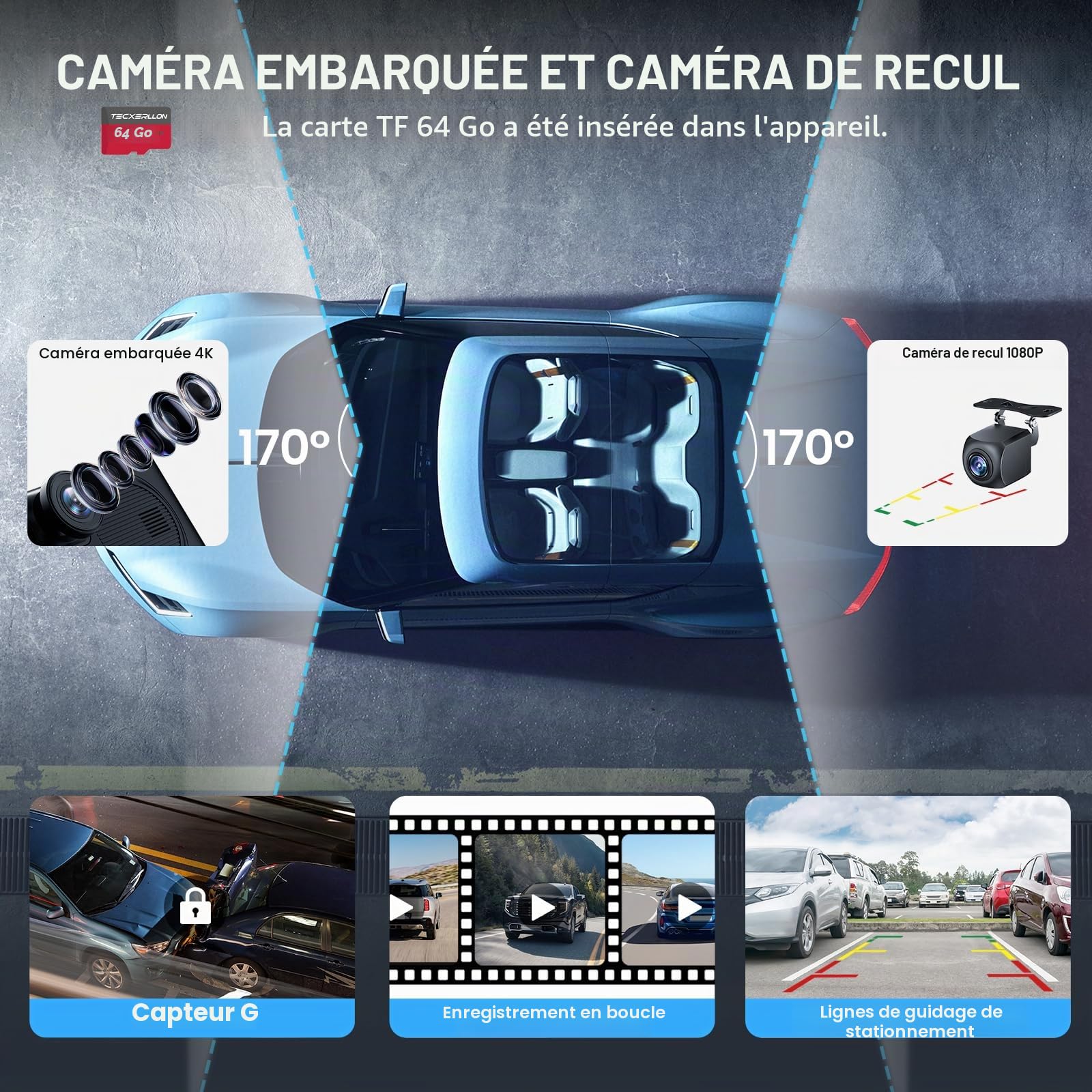 TECXERLLON Carplay sans Fil, 10.26'' Écran Carplay Voiture pour Carplay et Android Auto avec Dash Avant 4K, arrière 1080p, écran Tactile avec GPS, Contrôle Vocal Google/Siri, Bluetooth, Mirror, 64G