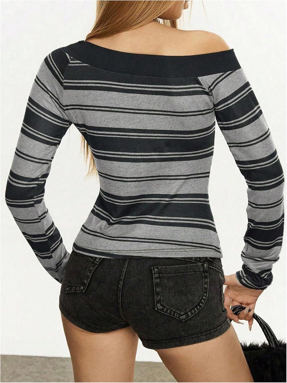 WDIRARA Women's Striped Off Shoulder T Shirts Long Sleeve Tees Fitted Tops - Image 3