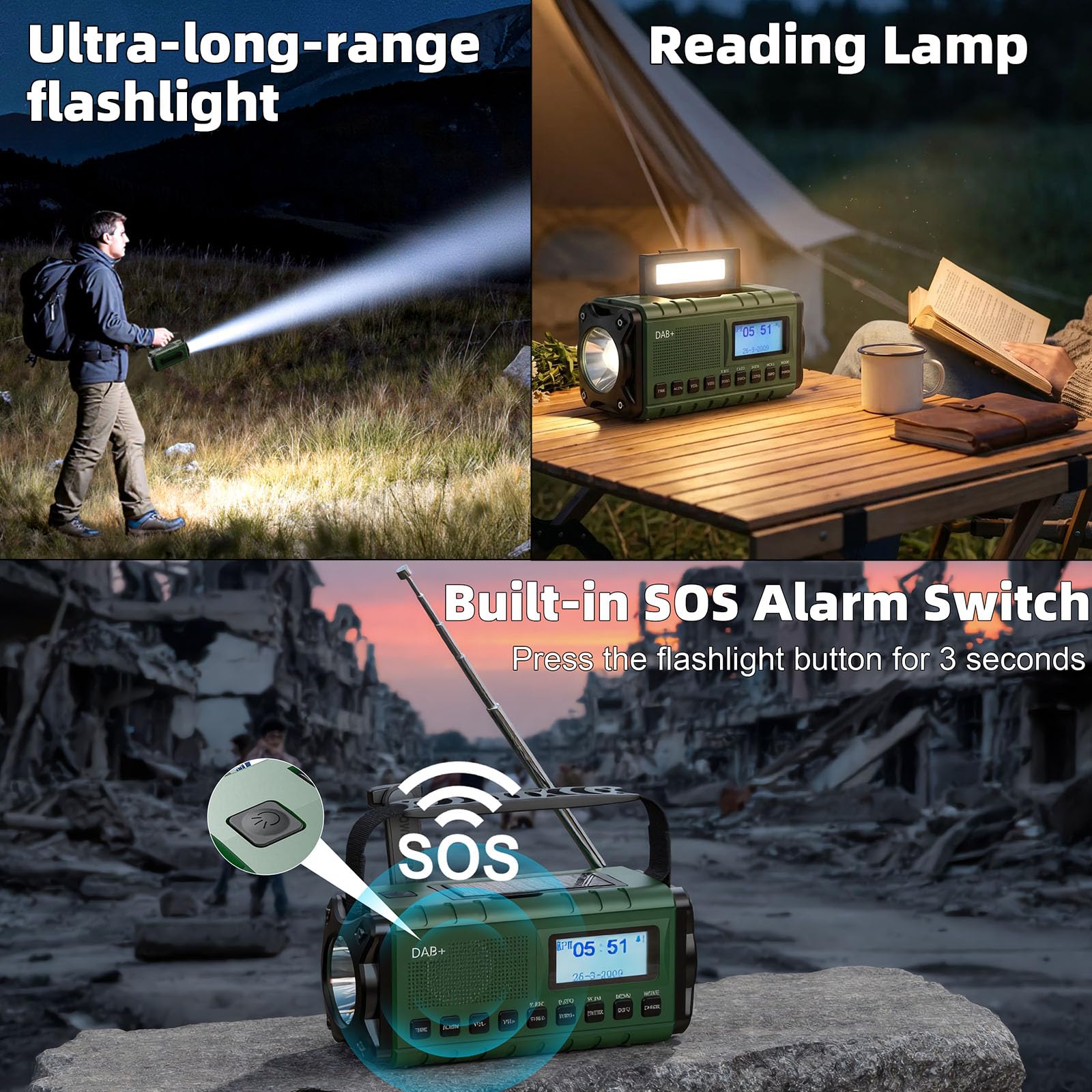 SOLARBABY Dab+/FM Radio Solaire d’Urgence, Radio à Manivelle avec 20000mAh Power Bank, Radio Solaire Dynamo avec Lampe Torche Lampe de Lecture Alarme SOS USB pour Randonnée Camping Extérieur, Noir