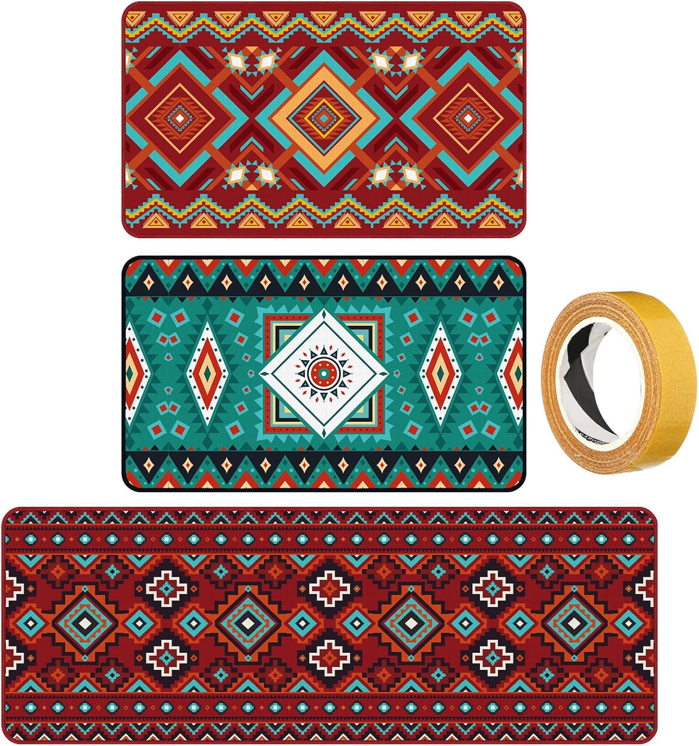 3 Pcs Aztec Western Kitchen Rugs and Mats Set Boho Southwestern Farmhouse Non Slip Rug Geometric Red Turquoise Washable Floor Mat Aztec Western Decor for Kitchen Home Entryway Office Bathroom
