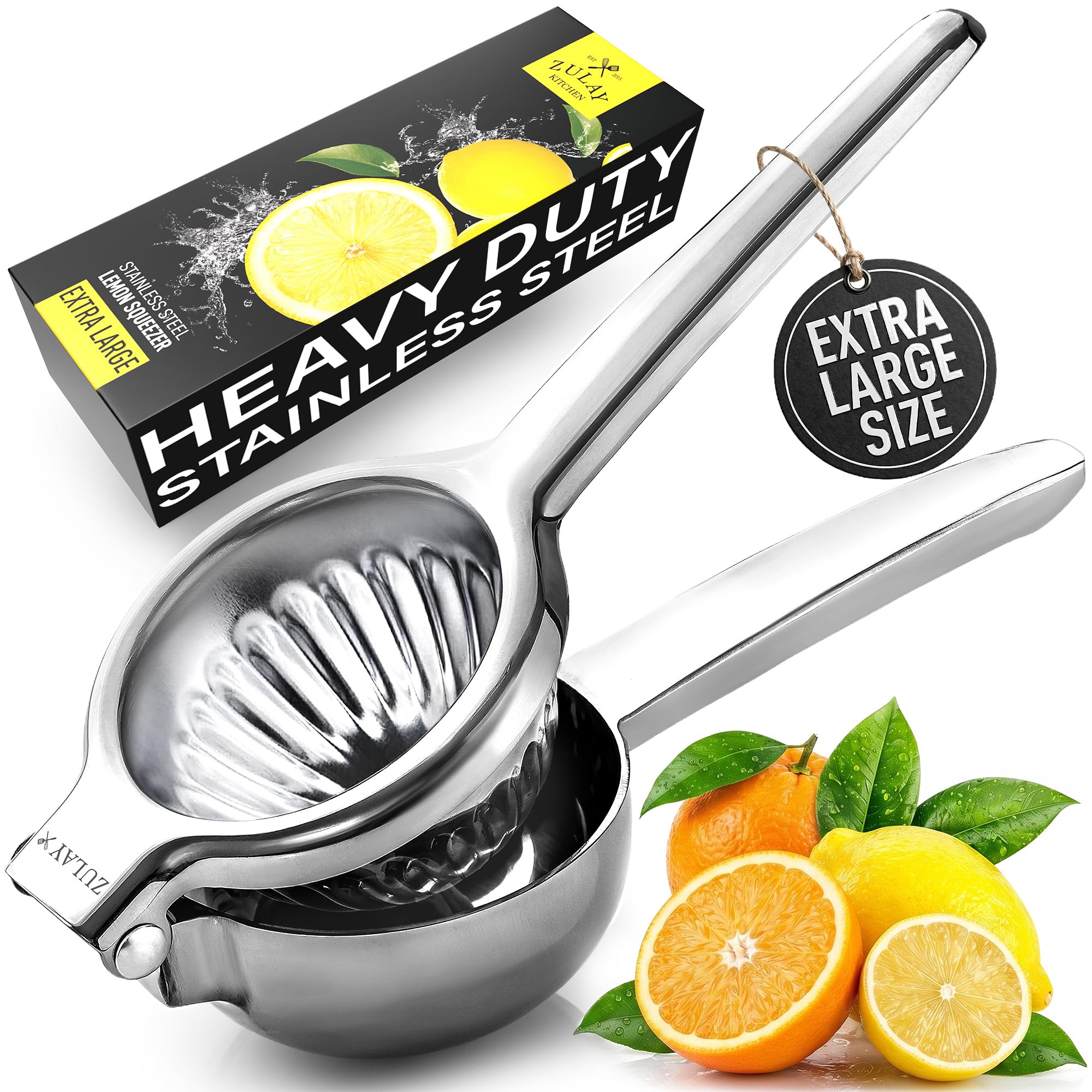Zulay Kitchen Extra Large Lemon Squeezer Stainless Steel - Easy Squeeze Heavy Duty Lemon Juicer Hand Press - Ergonomic Citrus Squeezer &amp; Fruit Juicer for Small Oranges, Lemons, &amp; Limes - Silver