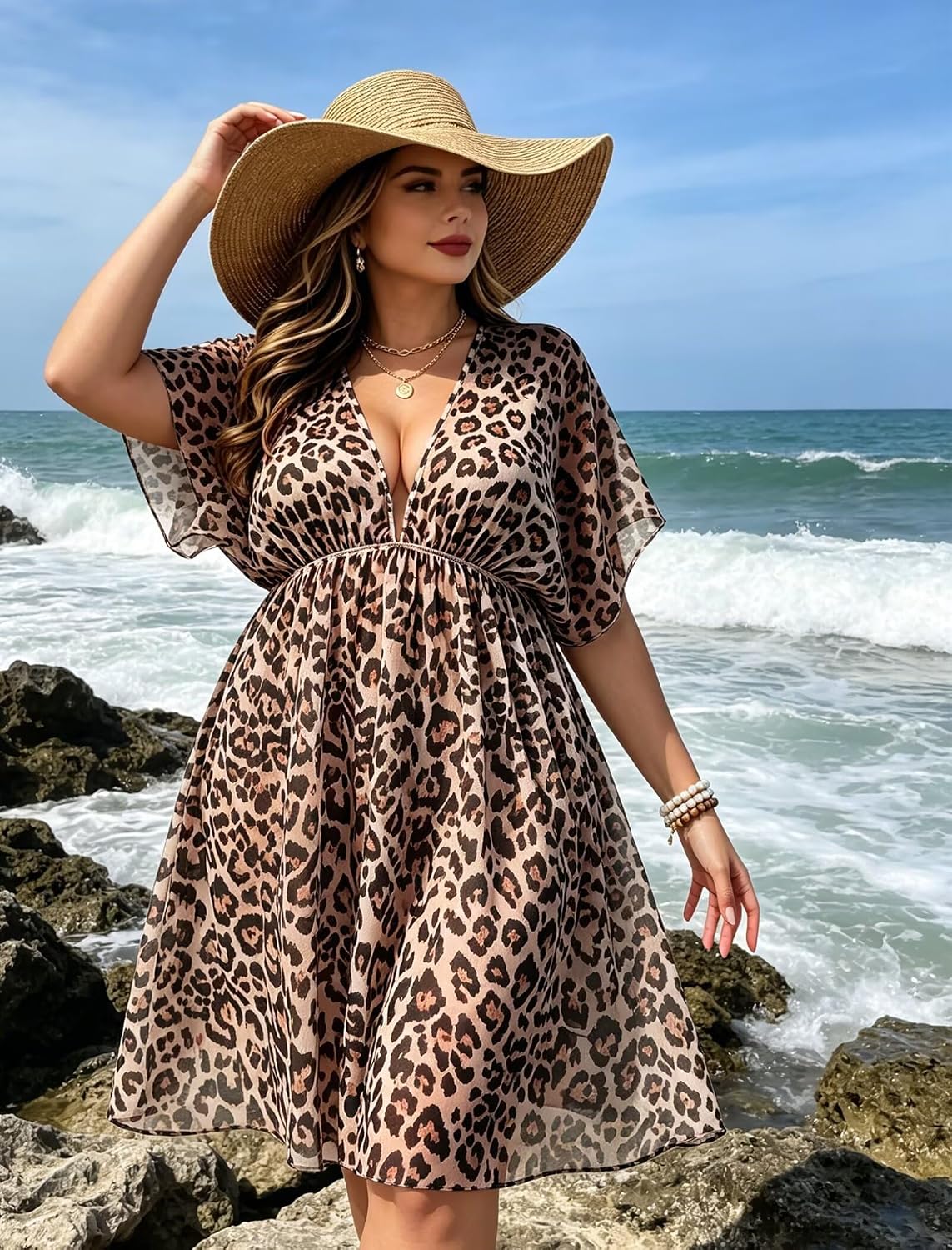 SWOMOG Women Plus Size Cover Up Short Sleeve Swimsuit Cover Bikini Bathing Suit Beachwear Summer Dress with Tie Back