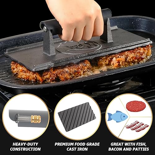 Miniatura 3 de Prensa de parrilla de hierro fundido de 3 libras, prensa de hamburguesa resistente para plancha resistente al calor, trituradora de hamburguesas,