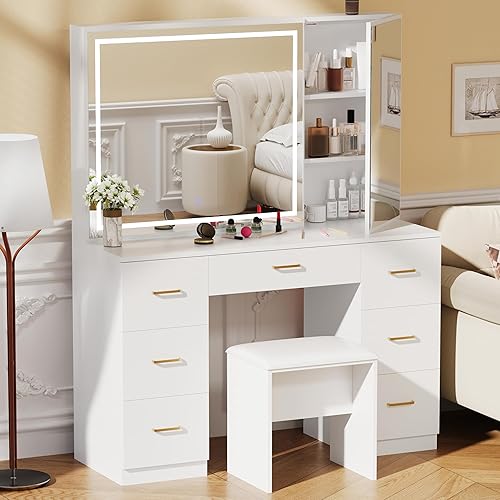 Vanity Desk with Mirror and Lights, Large Storage Makeup Vanity with 7 Drawers, White Vanity Desk Table with Side Glass Cabinet, Adjustable