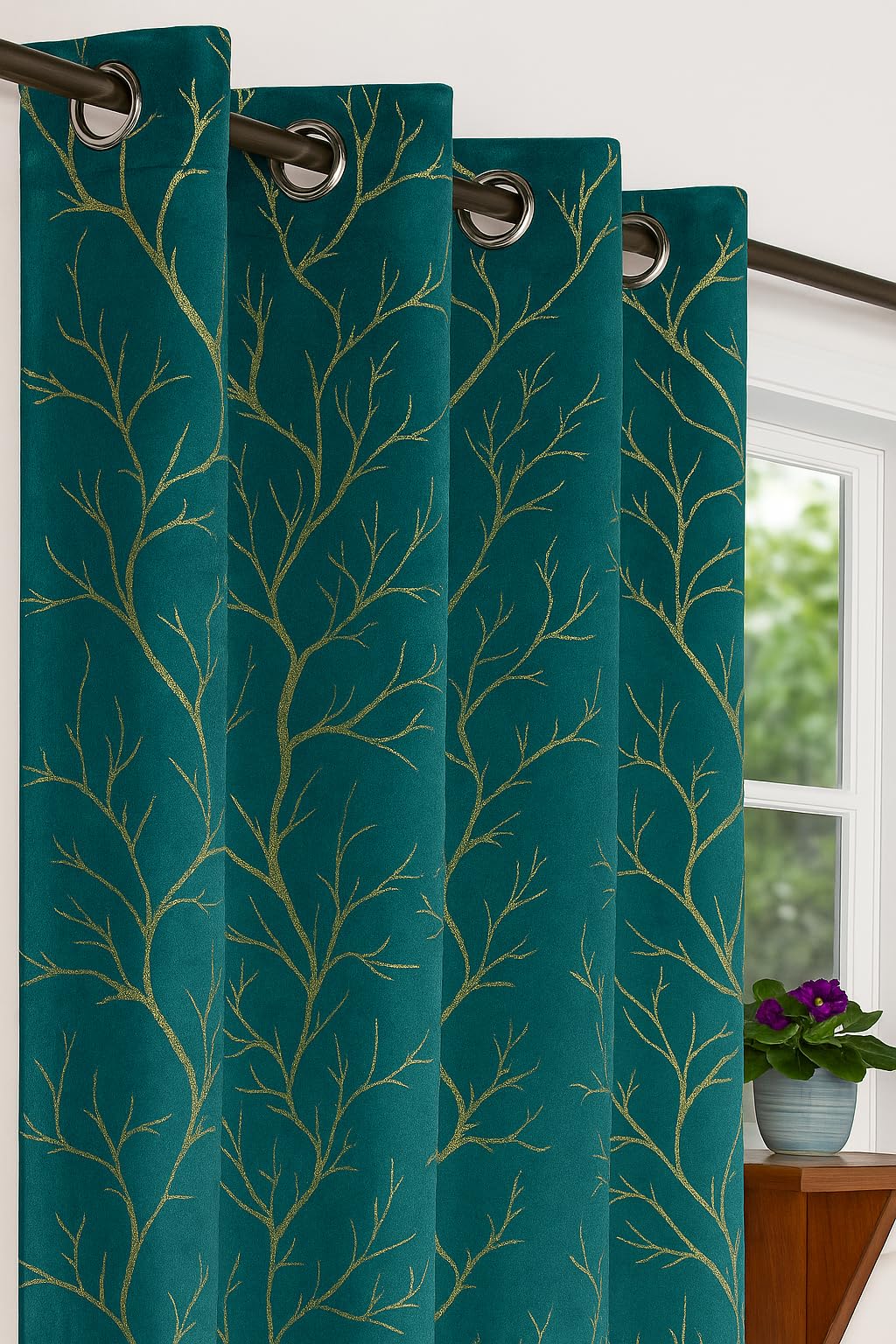 Teal Velvet Foil Curtains - 6ft Long, Easy Install -2