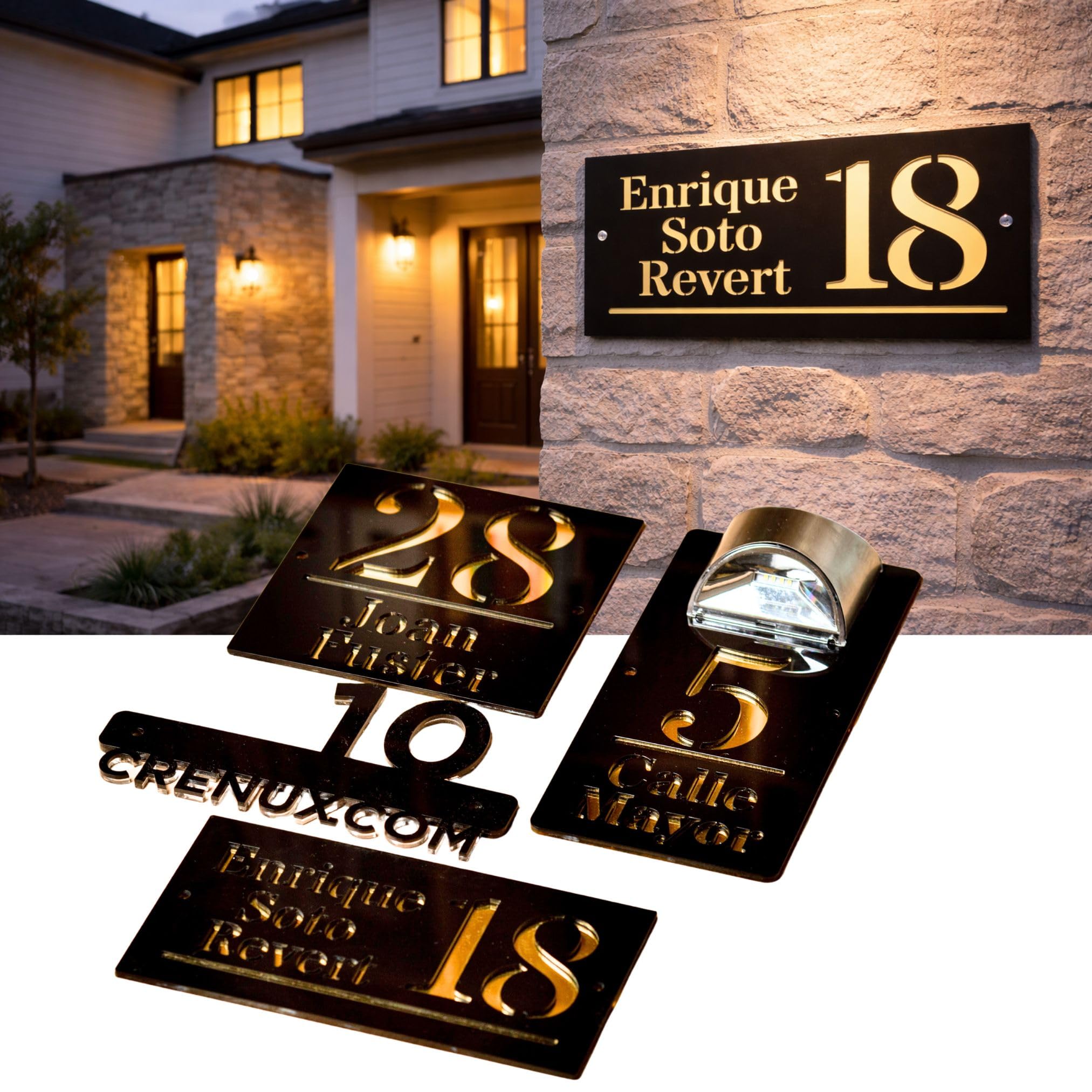 Número de Casa Personalizado con Nombre Placa Exterior Moderna en Metacrilato Negro y Oro – Letrero Dirección Casa Regalo Casa Nueva para Familia Placa Decorativa Olesea