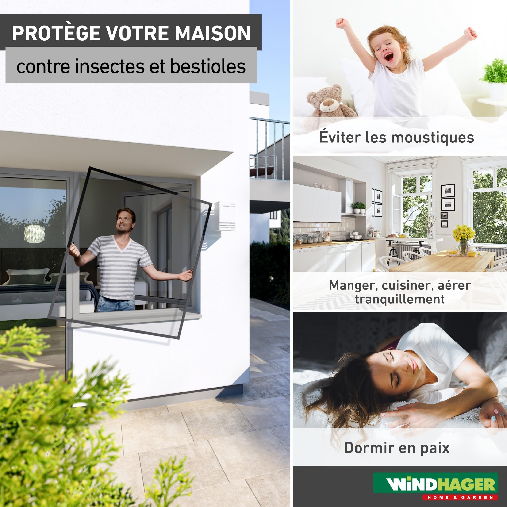 Windhager Moustiquaire Cadre Fixe Pour Fenetres Plus, Pare-moustiquaires Cadres en aluminium pour fenêtres, 100 x 120 cm, anthracite, 03899