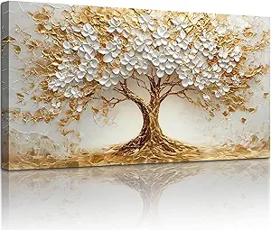 SERIMINO Blossom Tree of Life Wall Art, White Gold Tree Large Wall Decor, Natural Landscape Abstract Art Paintings, Modern Home Wall Pictures for Living Room Bedroom Office Canvas Prints 24"X48"