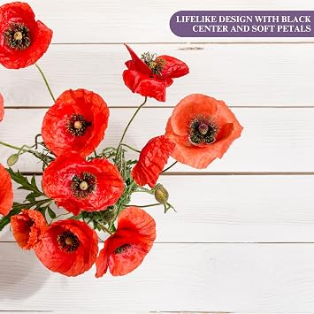 Red Poppy Bush | Artificial Poppy Flowers with 9 Vibrant Heads | Perfect for Bouquets, Centerpieces, Wreaths & DIY Floral Arrangements | Long-Lasting, Realistic Design (40cm)