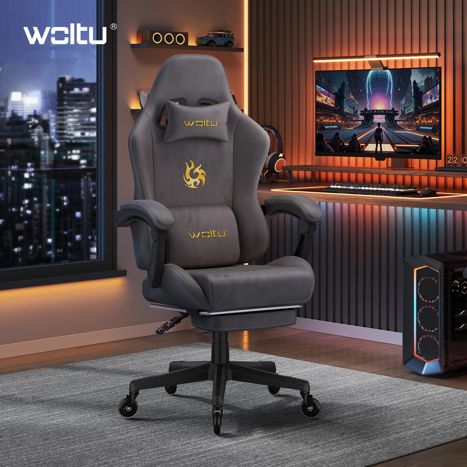 WOLTU Sedia da gaming, Sedia Gaming Ergonomica con Ruote Silenziose, Altezza e Inclinazione Regolabile, con Braccioli Sincronizzati e Poggiapiedi, in Tessuto Scamosciato, Grigio