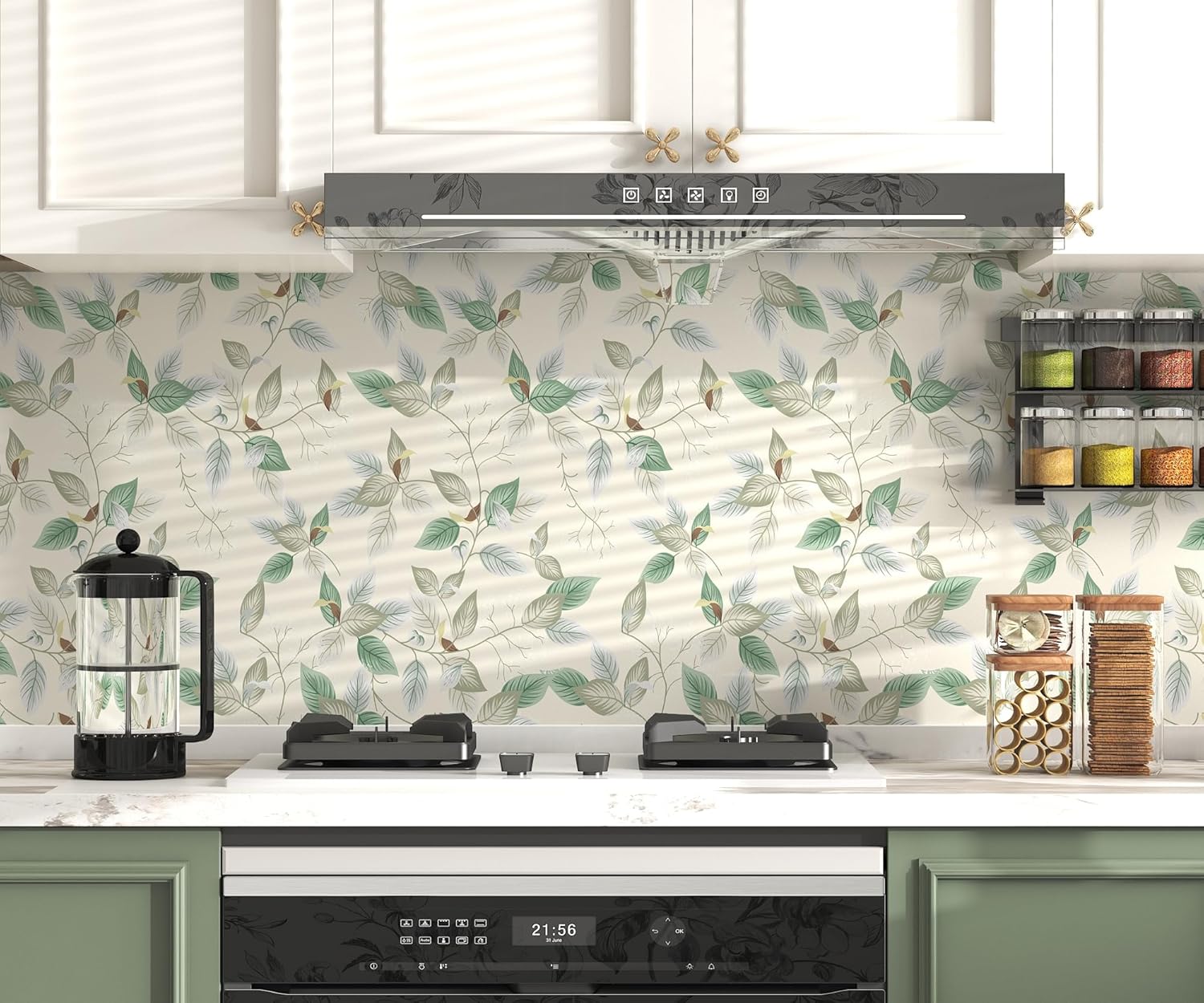 Boho Peel and Stick Wallpaper 17.3''x393'' Modern Beige Botanical Wall Paper Thicken Waterproof Self Adhesive Removable Green Leaf Wallpaper Contact Paper for Cabinets Bedroom Decoration Vinyl