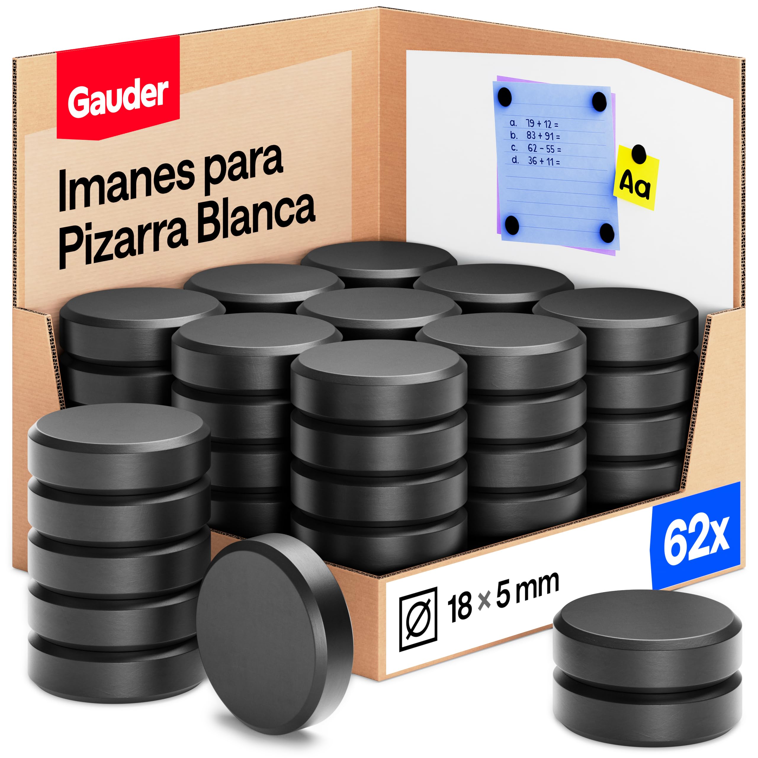 GAUDER Imanes para Pizarra Blanca, Nevera & Oficina - Discos Magnéticos Redondos Fuertes - Imanes Negros para Uso Diario (62 Piezas - 18 x 5 mm)