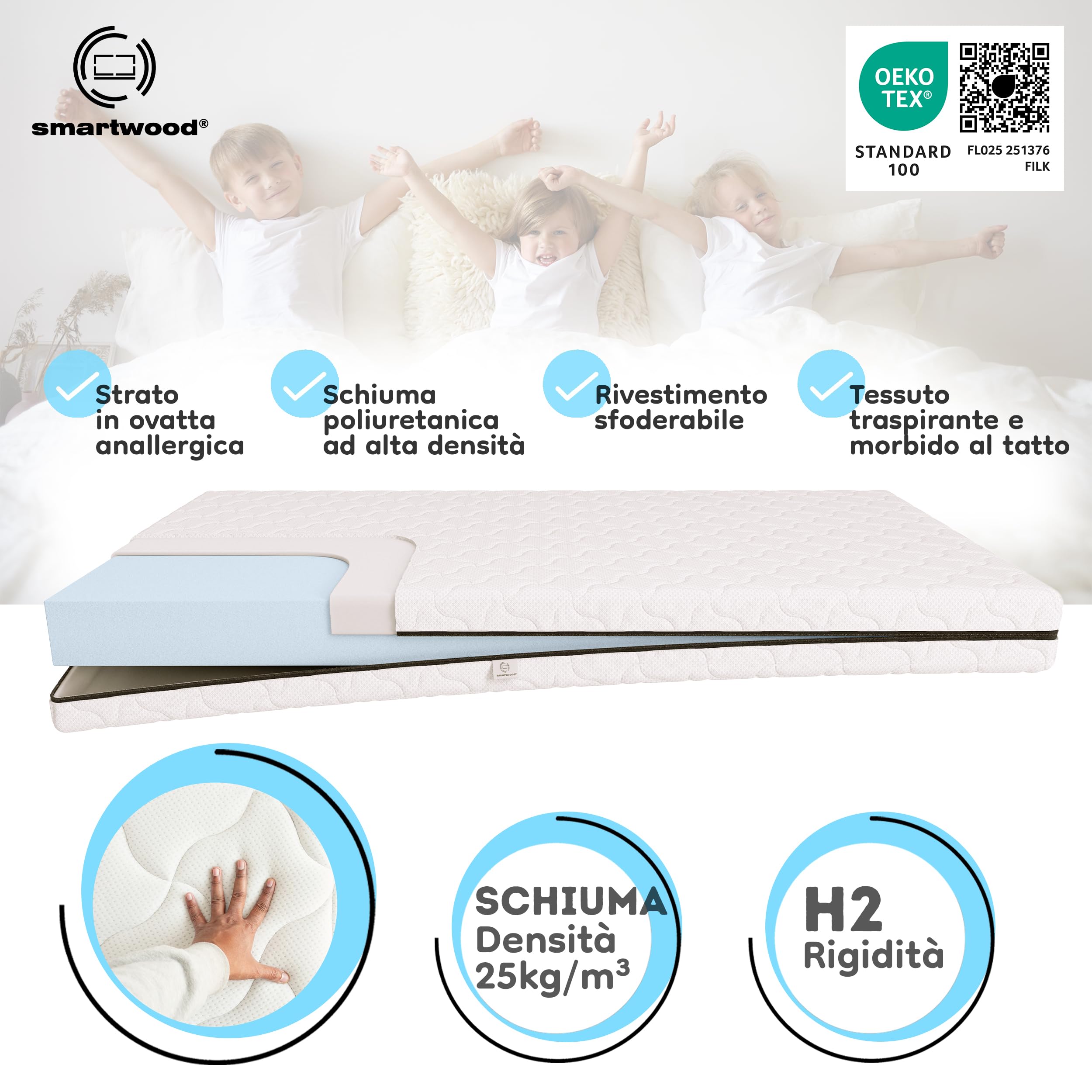 smartwood Materasso 120x200 Bambini 14cm - Schiuma H2 Certificato Oeko-TEX – Reversibile – Rivestimento Lavabile Anti-allergico e Traspirante | Made in EU