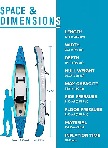 Miniatura 11 de BEYOND MARINA Kayak inflable para 1, 2 y 3 personas, Kayak de puntada completa con paletas de aluminio, asientos, reposapiés, bomba, aletas