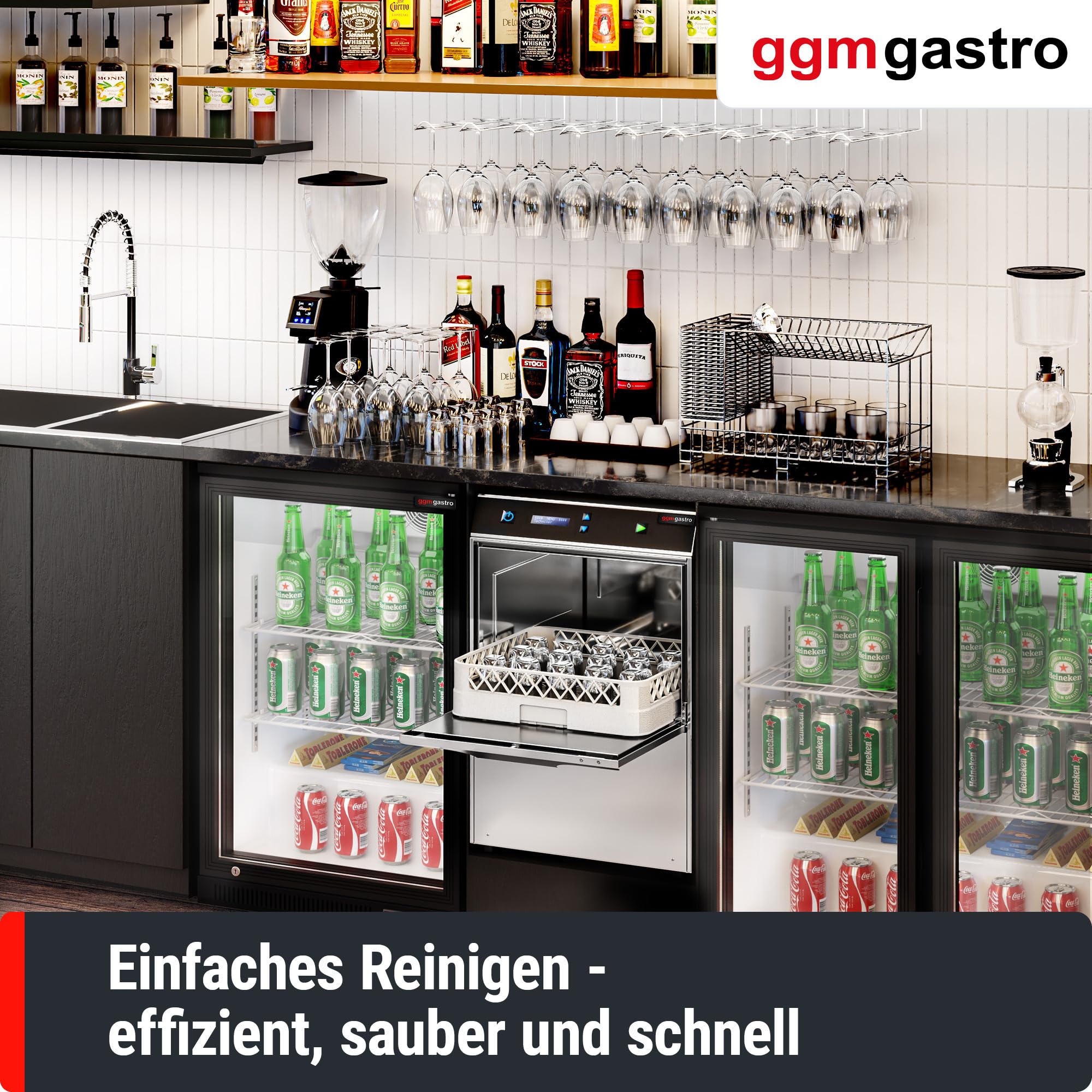 GGM Gastro Gläserspülmaschine 2,97 kW 400x400 mm | Doppelwandige Isolierung, digitale Steuerung, integrierter Wasserentkalker, effizientes Doppelfiltersystem, hohe Kapazität