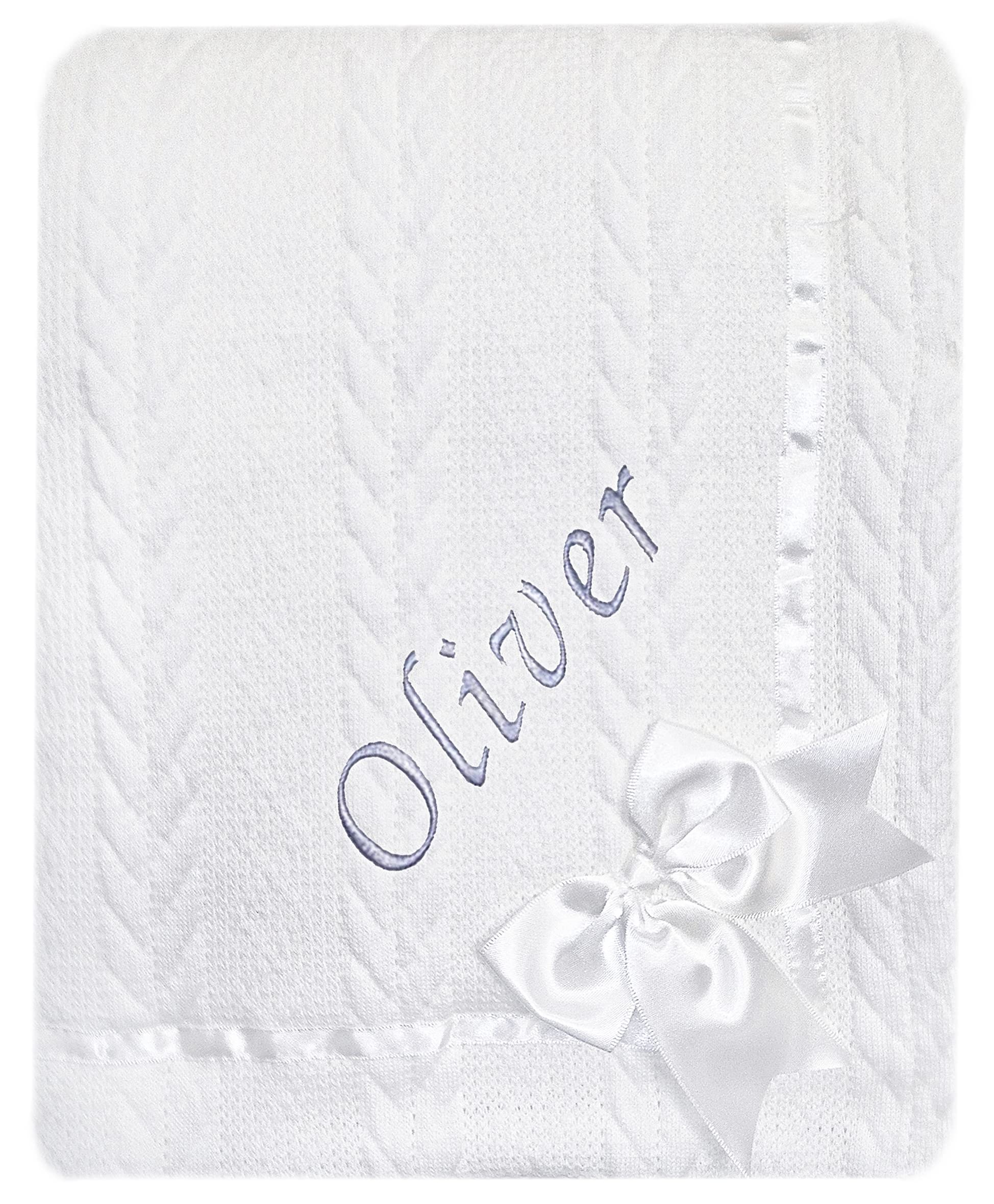 The Baby Box Uk Men's White Baby Boy Girl Personalised Knitted Bow Blanket Embroidered Name (White)
