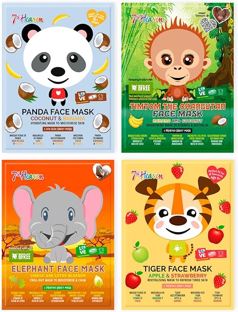 7th Heaven 'Jungle Animals' Kids Skincare Pamper Pack | 4 Fun and Cute Sheet Face Masks to Soothe and Hydrate Dry Young Skin | Elephant, Tiger, Panda and Orangutan