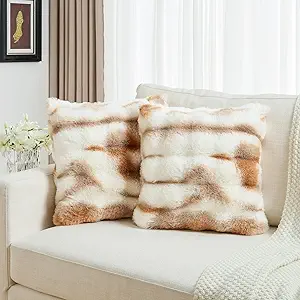 FUTEI Brown White Decorative Throw Pillow Covers 20x20 Inch Set of 2,Soft Fuzzy Faux Rabbit Fur Cushion Covers with Raised Texture,Neutral Boho Home Decor for Couch Bed Living Room