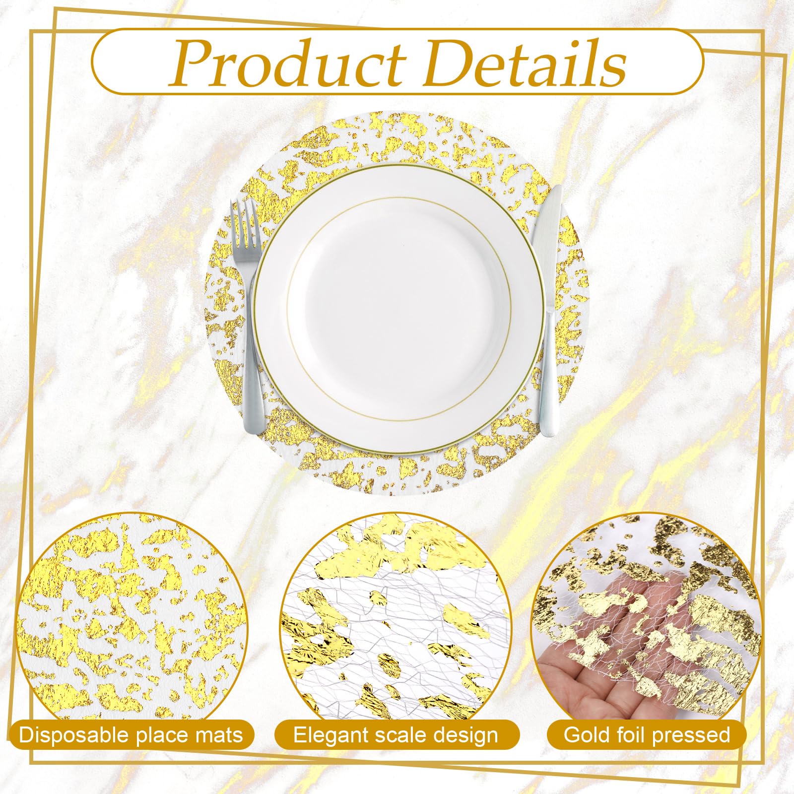 72 manteles individuales desechables de lámina dorada de 13 pulgadas, redondos, de malla prensada, manteles individuales con purpurina para decoración de mesa de comedor, manteles individuales de