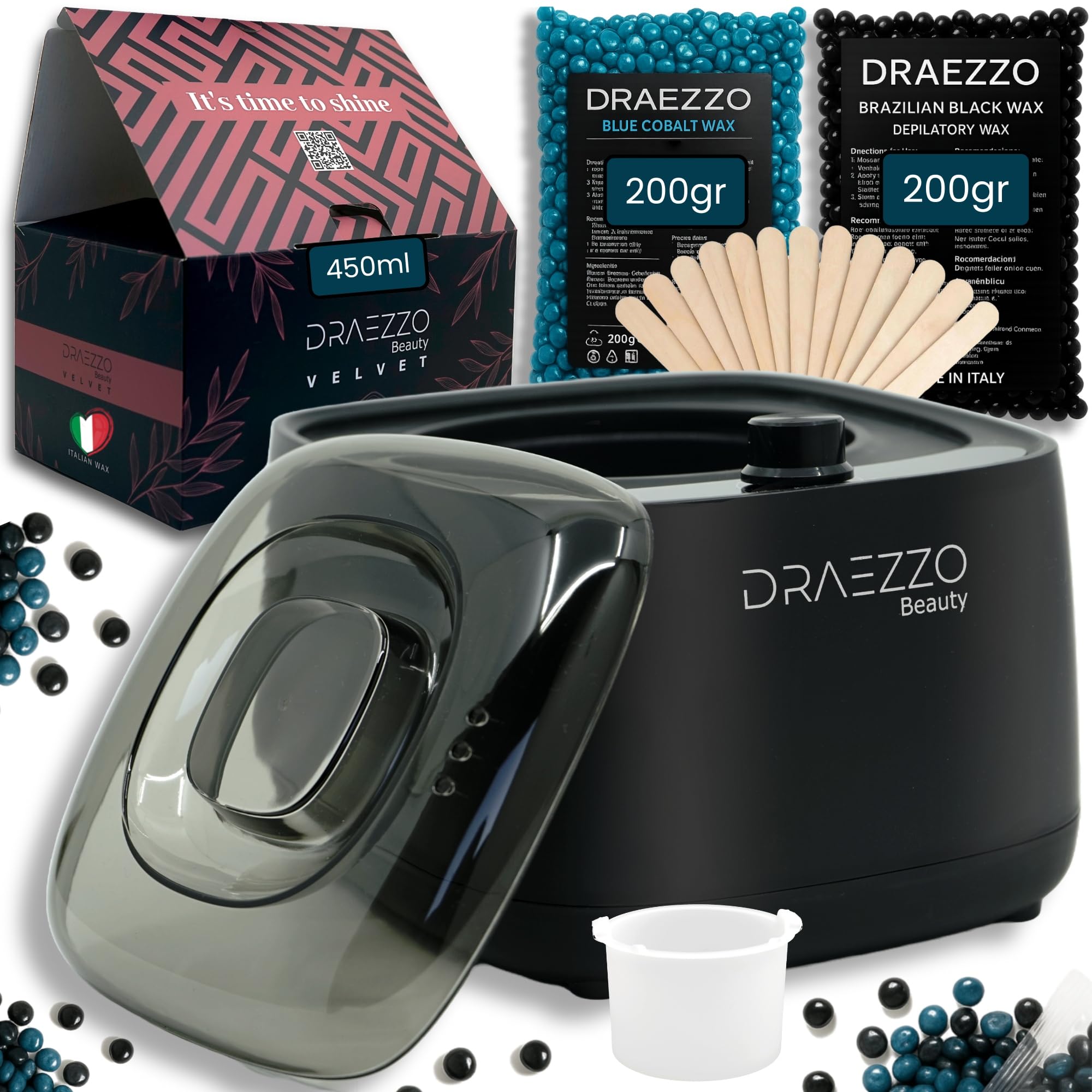 Draezzo Velvet - Calentador de Cera Depilatoria Profesional 450 ml - Kit con Maquina de Cera Caliente para Depilar + Cera Caliente Depilacion Italiana - It’s Time to Shine - Depiladora mujer