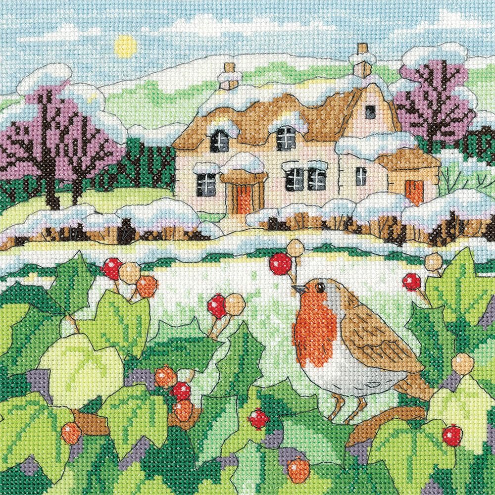 Heritage Crafts Cross Stitch Kit – Snowy Cottage - Karen Carter Collection
