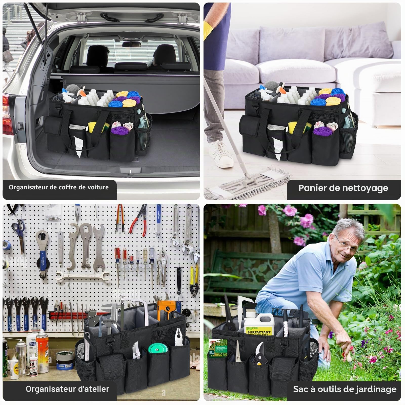 Sac de Nettoyage Portable,XL Organiseur de Fournitures de Nettoyage avec poignée,Bretelles et séparation Amovible,Organiseur d'outils de Nettoyage pour Nettoyeurs et Femmes de Ménage (Noir)