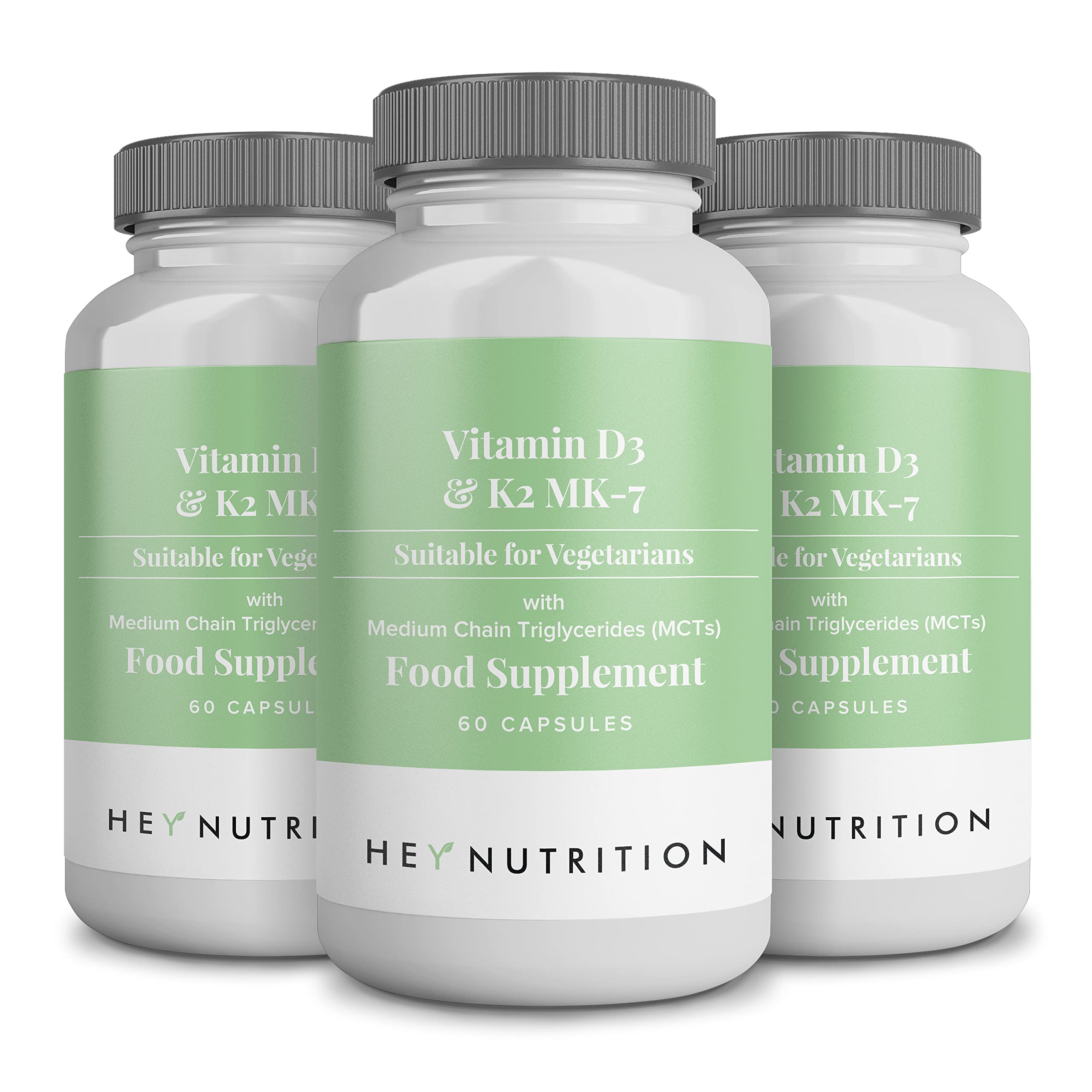 Hey Nutrition Vitamin D3 & K2 MK-7-100ug Each with MCT Oil - Suitable for Vegetarians - Support Healthy Bones, Teeth, Muscles, Immune Function, and Fatigue - Non-GMO, 180 Vegetarian Capsules