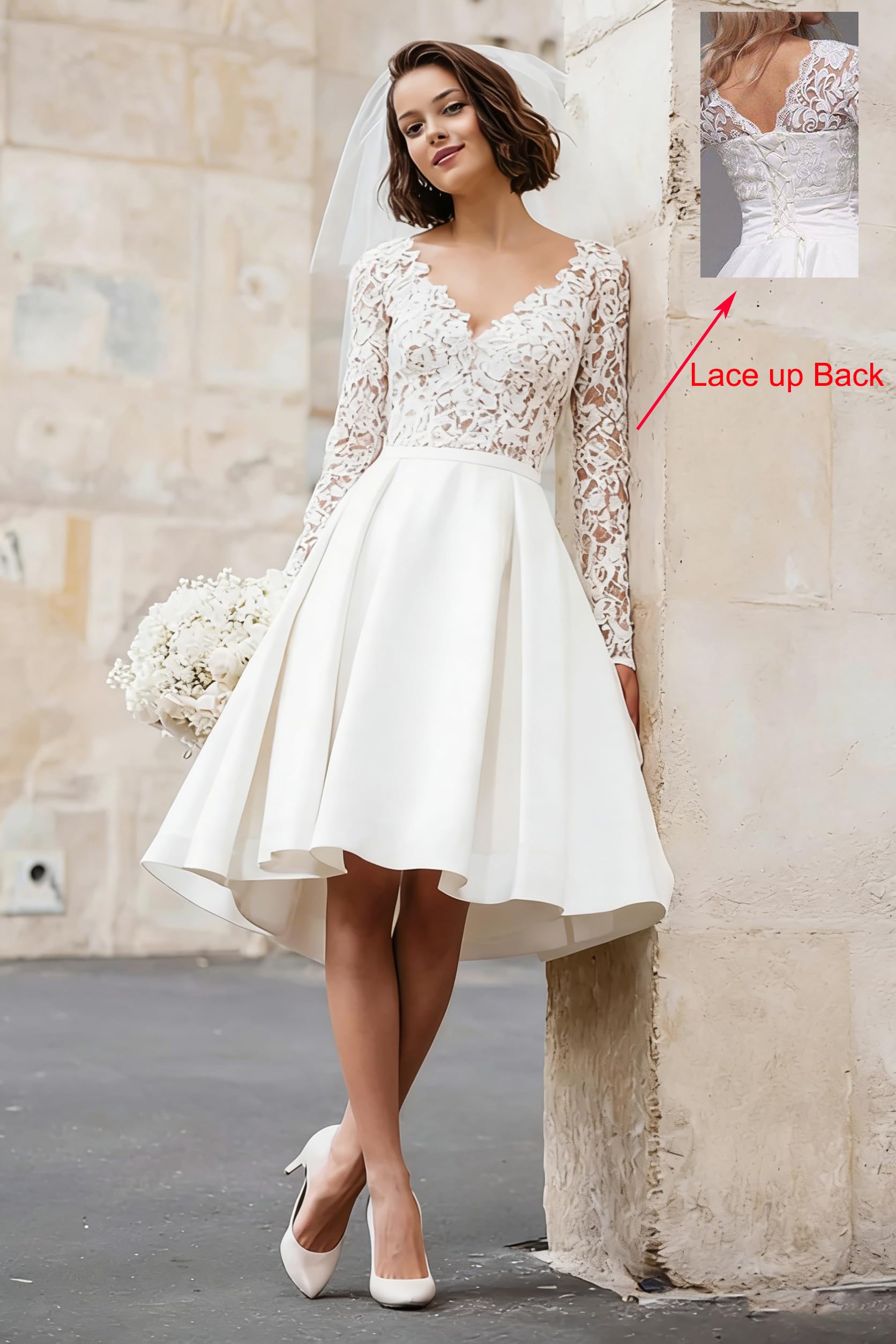Kurz Brautkleider Langarm Hochzeitskleider Spitze Tüll Standesamtkleider A-Linie Brautmode