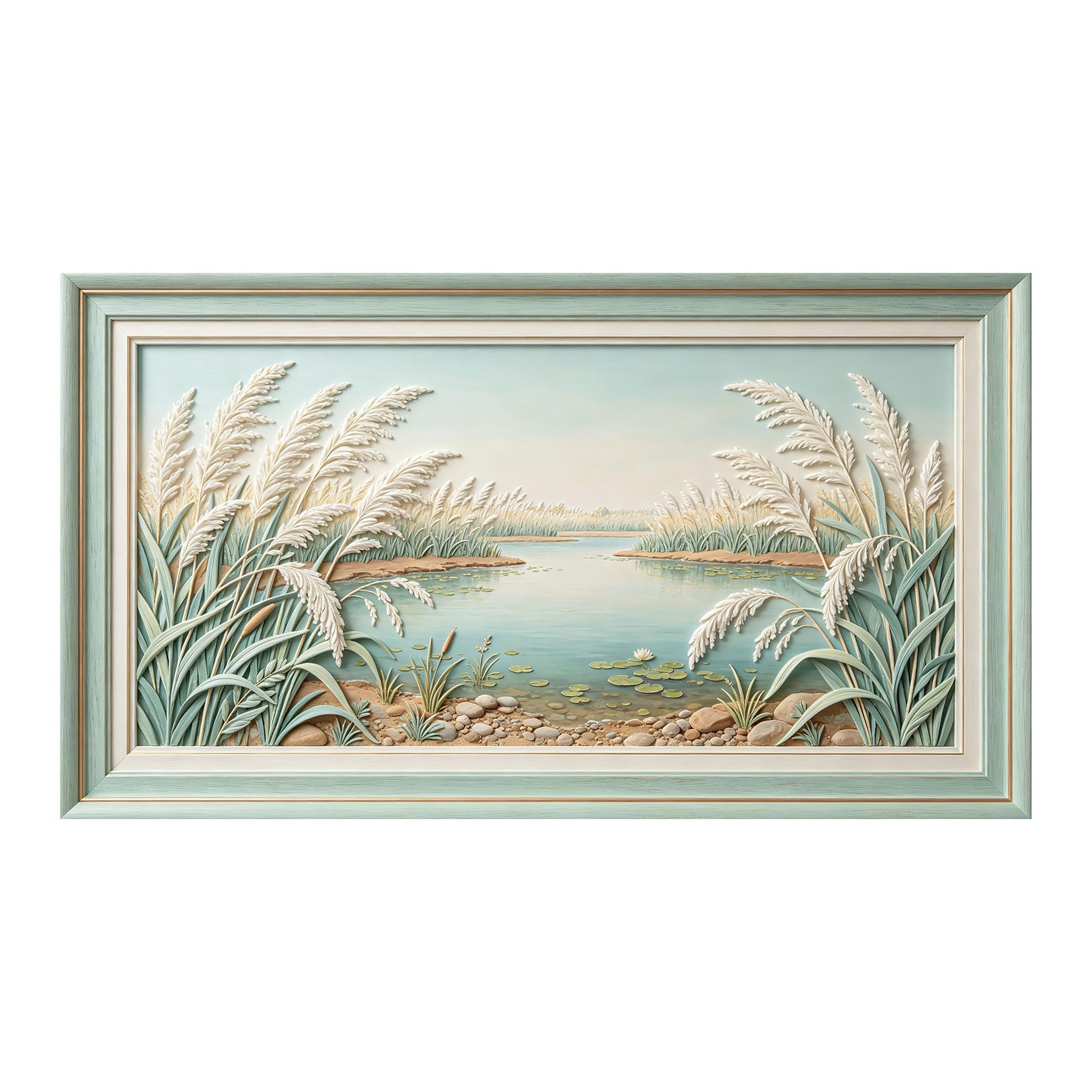 Murasolite 3D Framed Wall Art Lake Shore Landscape Botanical Relief Effect SelfAdhesive Fabric Mural Wall Decor， Peel and Stick No Damage to Wall， AntiFall Safe Design for Bedroom Living Room