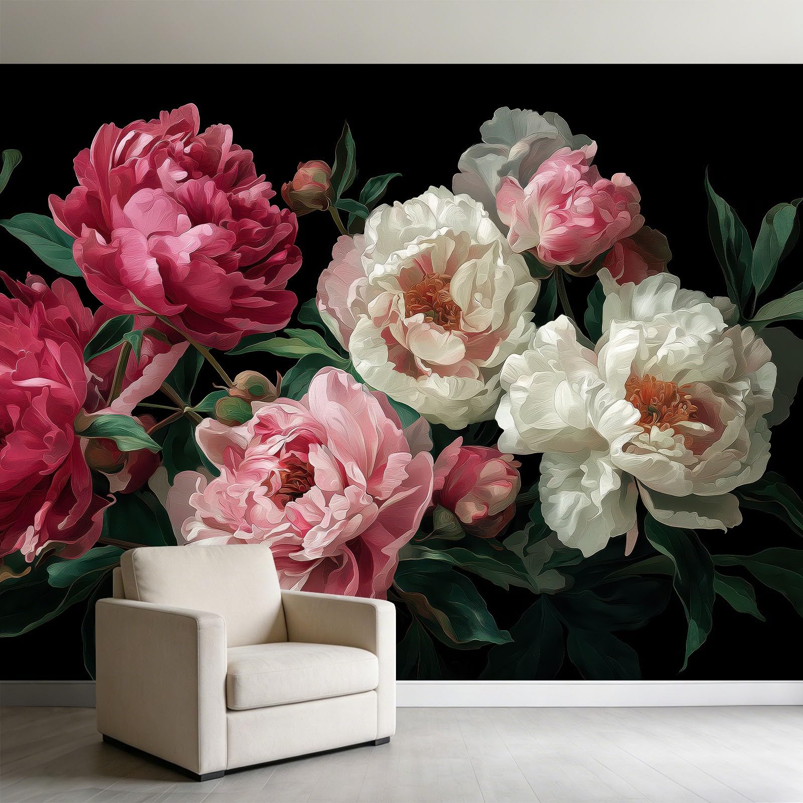Générique 500 x 280 cm Tapeta z nadrukiem 3D akwarelowa piwonia nowoczesny gobelin ścienny z włókniny, dekoracja ścienna, ekologiczna, do salonu sypialni, czarna