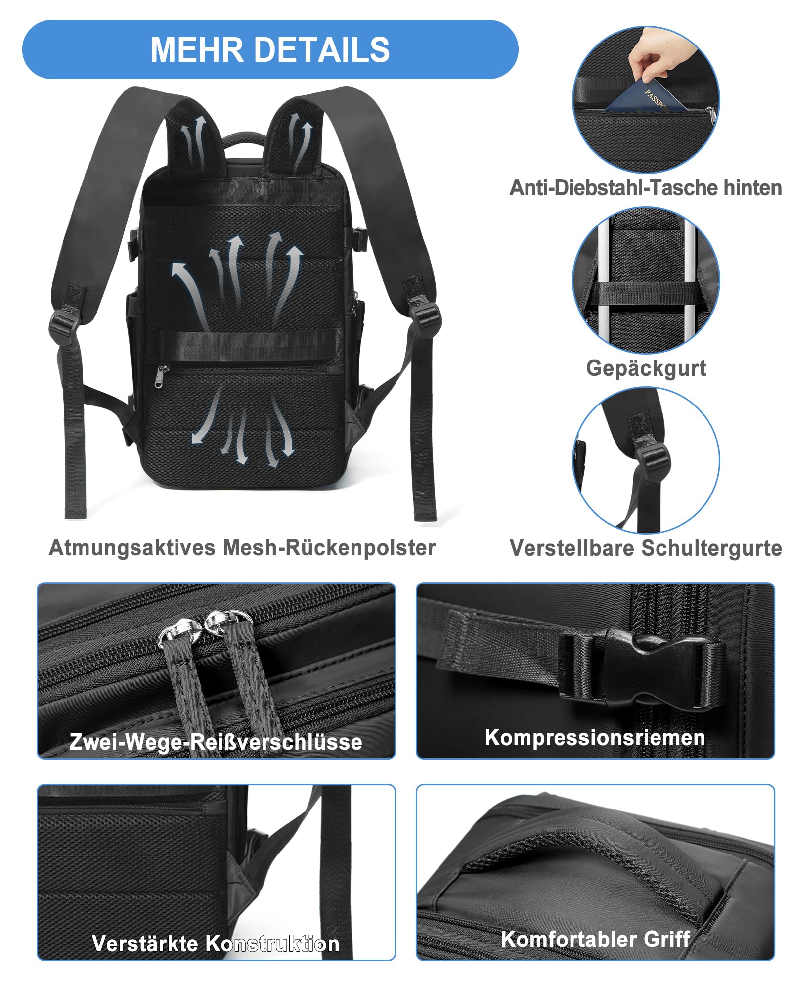 suradar Vakuum Rucksack Handgepäck Vacpack, Ryanair Handgepäck 40x20x25 Vakuum Backpack Travel Airbag Rucksack mit Vakuumsystem, Vacuum Backpack mit Luftpumpe für Flugzeug Herren Damen Schwarz